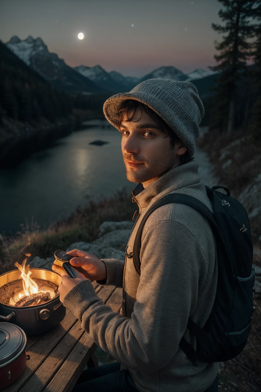 1 Man ((Upper Body Selfie, Happy)), Masterpiece, Best Quality, Ultra Detailed, Solo, Outdoor, (Night), Mountains, Nature, (Stars, Moon) Cheerful, Happy, Backpack, Sleeping Bag, Camping Stove, Kettle, Hiking Boots, Gloves, Sweater, Hat, Flashlight, Forest, Rock, River, Wood, Smoke, Shadow, Contrast, Clear Sky, Simulation Style (View Audience: 1.2) (Skin Texture) (Film Grain: 1.3) , (Warm Colors, Warm Colors)