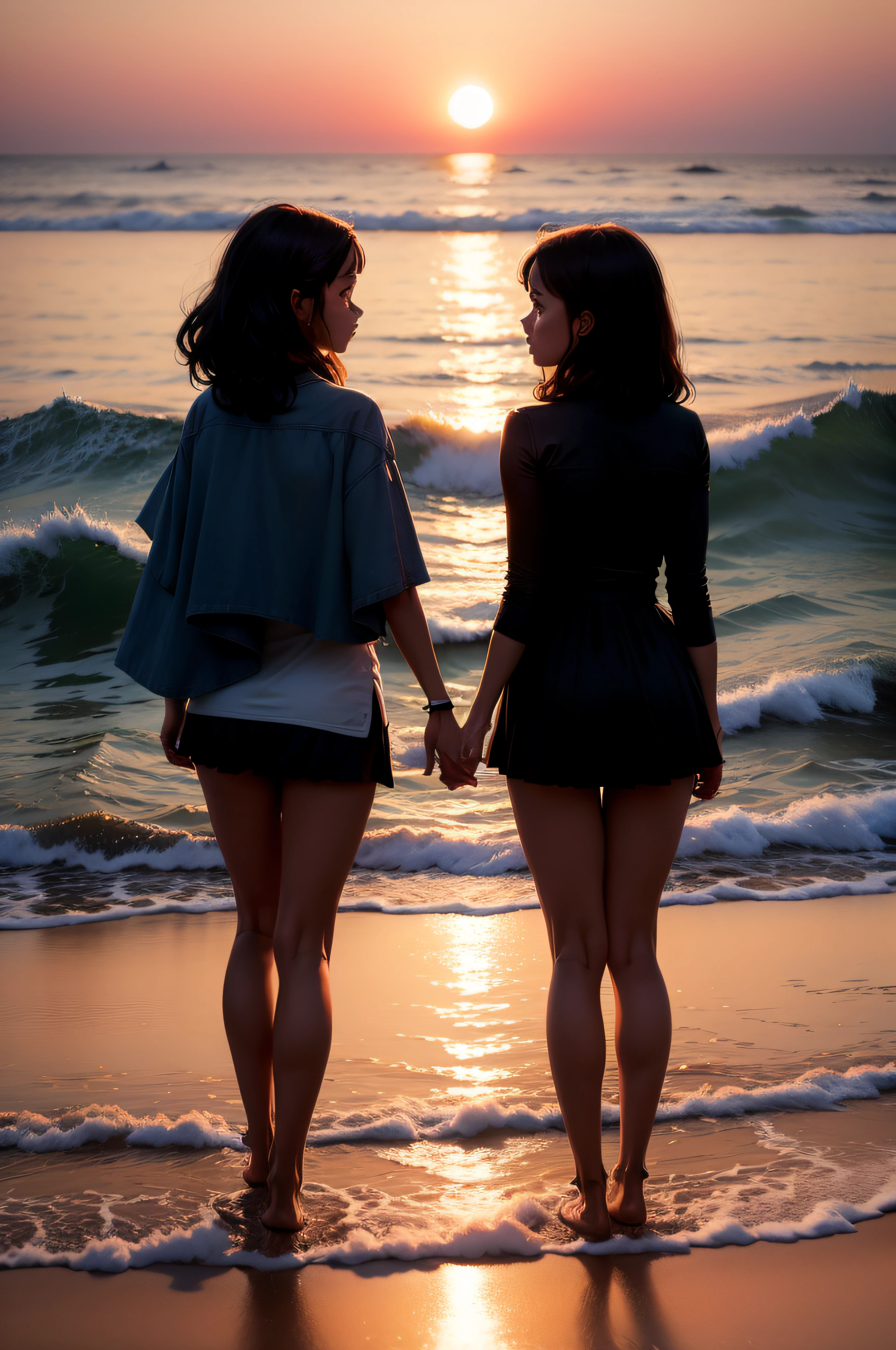 (Two girls of the same :1.1) , couple focus,14y,night scene, Dark, Beautiful saturation amazing photo of naked on the beach, Chest perspective,Sitting,Cute Japan idol woman, (Mature:1.3),barechested,Best Quality, a sultry, A smile,Put your hand in the opponent's crotch,Seductive, Wet(cleavage:1)