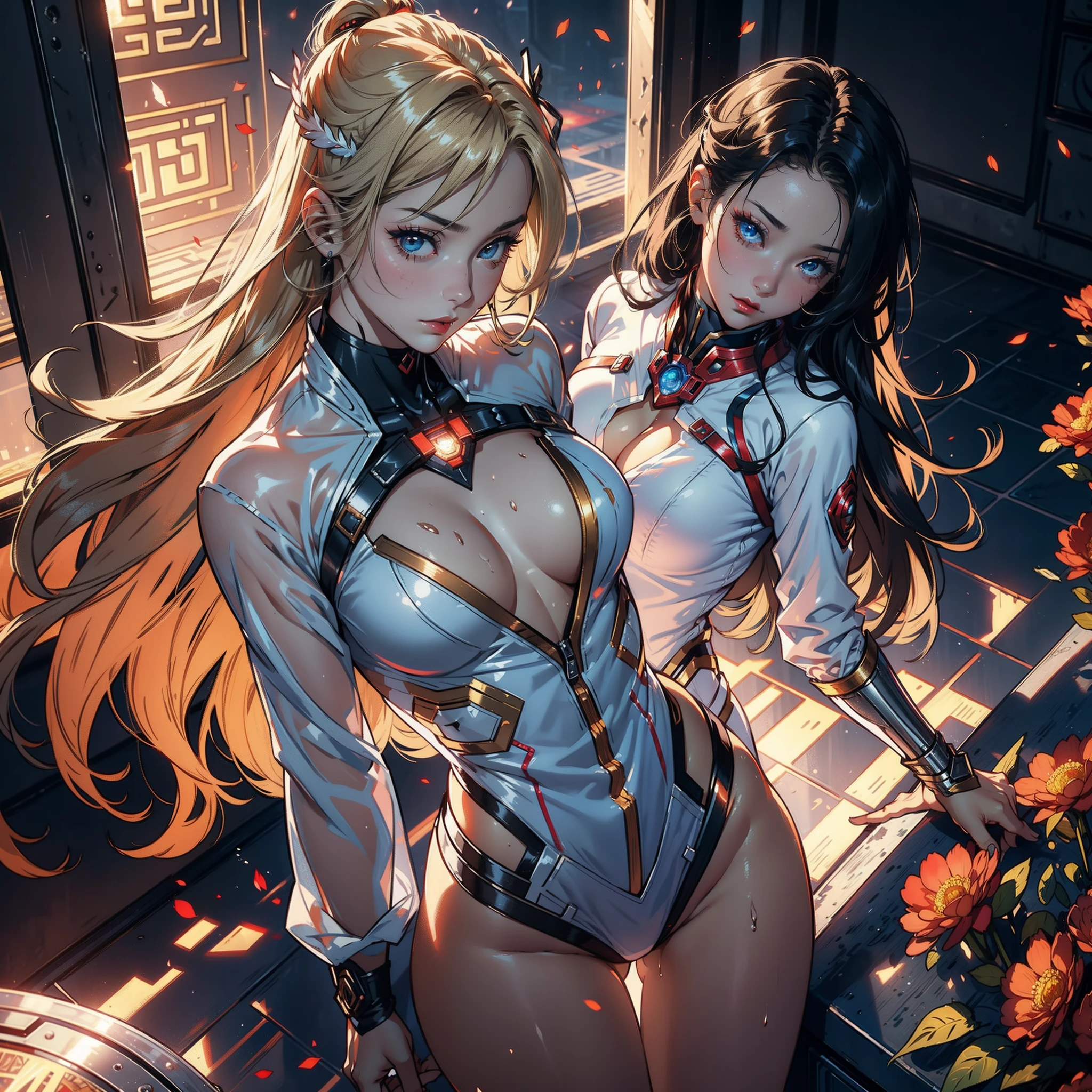 2females,36 years old,Bigchest,Raised sexy,Pornographic exposure, 独奏,(Background with:Surrounded by a sea of flowers,china rose,rosette,chrysanthemums) She has very short blonde hair,2 women standing,Sweat profusely,drenched all over the body,seen from the front, hair straight, mostly cloudy sky,(((tmasterpiece),(Very detailed CG unity 8K wallpaper),best qualtiy,cinmatic lighting,detailed back ground,beatiful detailed eyes,Bright pupils,(Very fine and beautiful),(Beautiful and detailed eye description),Black eyes,Redlip,ultra - detailed,tmasterpiece,)),facing at camera,(The upper part of the body),A high resolution,ultra - detailed),revealing breasts,Bare genitalia, Bulge,legs are open,sexyposture,Camel toes,Flushed complexion,Open-mouthed,frontage,A ball head,Gold Saint Seiya,Lotus hair ornaments,Supergirl(Wearing:White transparent sex robe,Iron Man uniform)cyber punk style