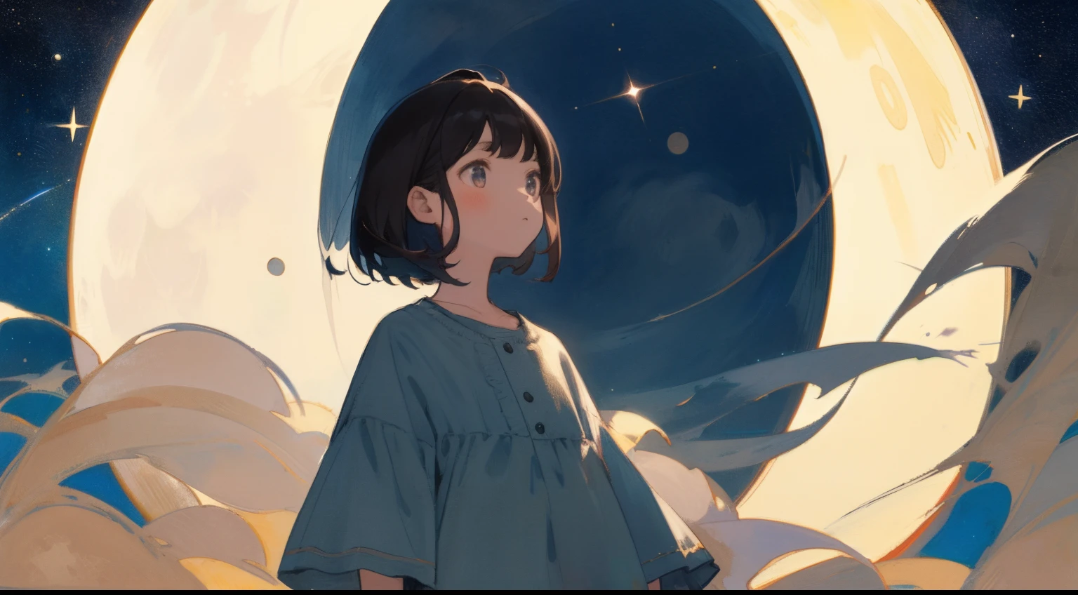 masterpiece, top-quality, 1girl in, The upper part of the body, is standing,, shorth hair, , A dark-haired, Casual clothing, frilld, natta、Looking up at the moon、Starry sky