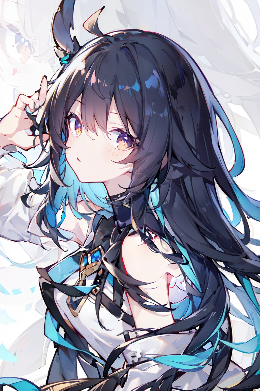 Illustration, UHD, retina, masterpiece, accurate, anatomically correct, super detail, high details, high quality, award winning, best quality, highres, good anatomy, 1080P, HD, 4K, 8k, 16k, 1girl, dynamic pose, androgynous, upper body potrait, detailed eyes, detailed clothes, detailed hair, rendering, 2 hands, 5 fingers, 2 legs, long black hair, chopped bangs, white turtle neck jacket puffy