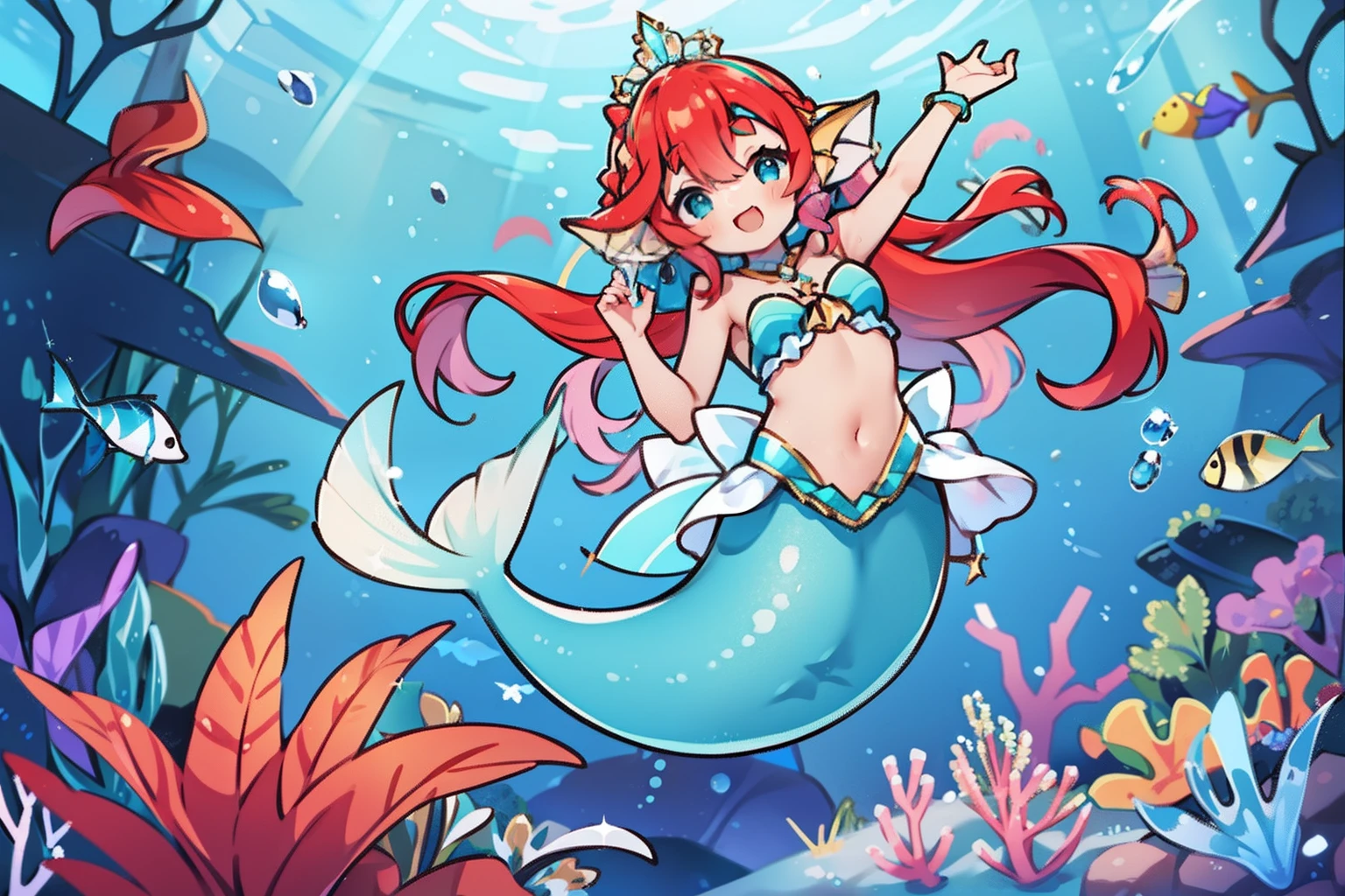 🧜‍♀️🧜🏻‍♀️🐡🐠🐟🪸🐚🫧Mermaid, Distant view, Mermaid Girl, mermaid, head fins, scales, Beautiful fishtail, Suletta Mercury, Smile, Closed eyes, Open mouth, pearl tiara, 
aqua eyes, skin tanned, hair between eye, (Long hair), Red hair, swept bangs, Thick eyebrows, drooping eyes, under the water, Swim in the deep sea, Aqua garden, Deep sea,