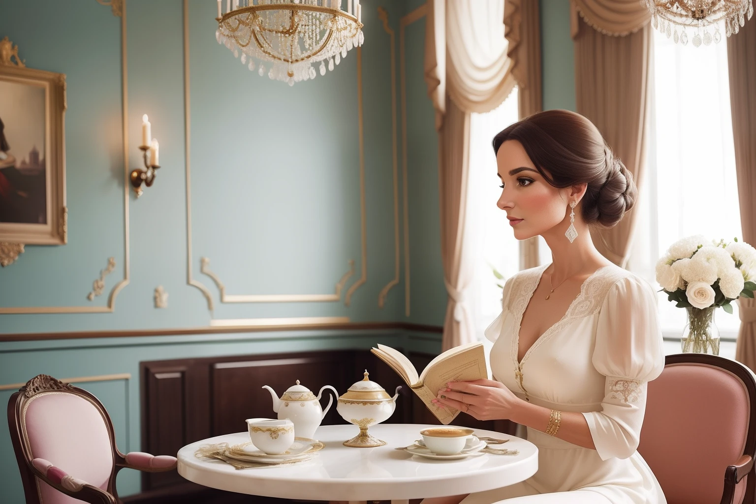Year: 2022
Country: Uruguay
Description: Inside an elegant Montevideo cafe, a stylish woman in her 40s enjoys a quiet afternoon tea. The ornate Belle Époque decor and pastel color palette set the scene, while she reads a classic novel at a table adorned with fresh flowers.