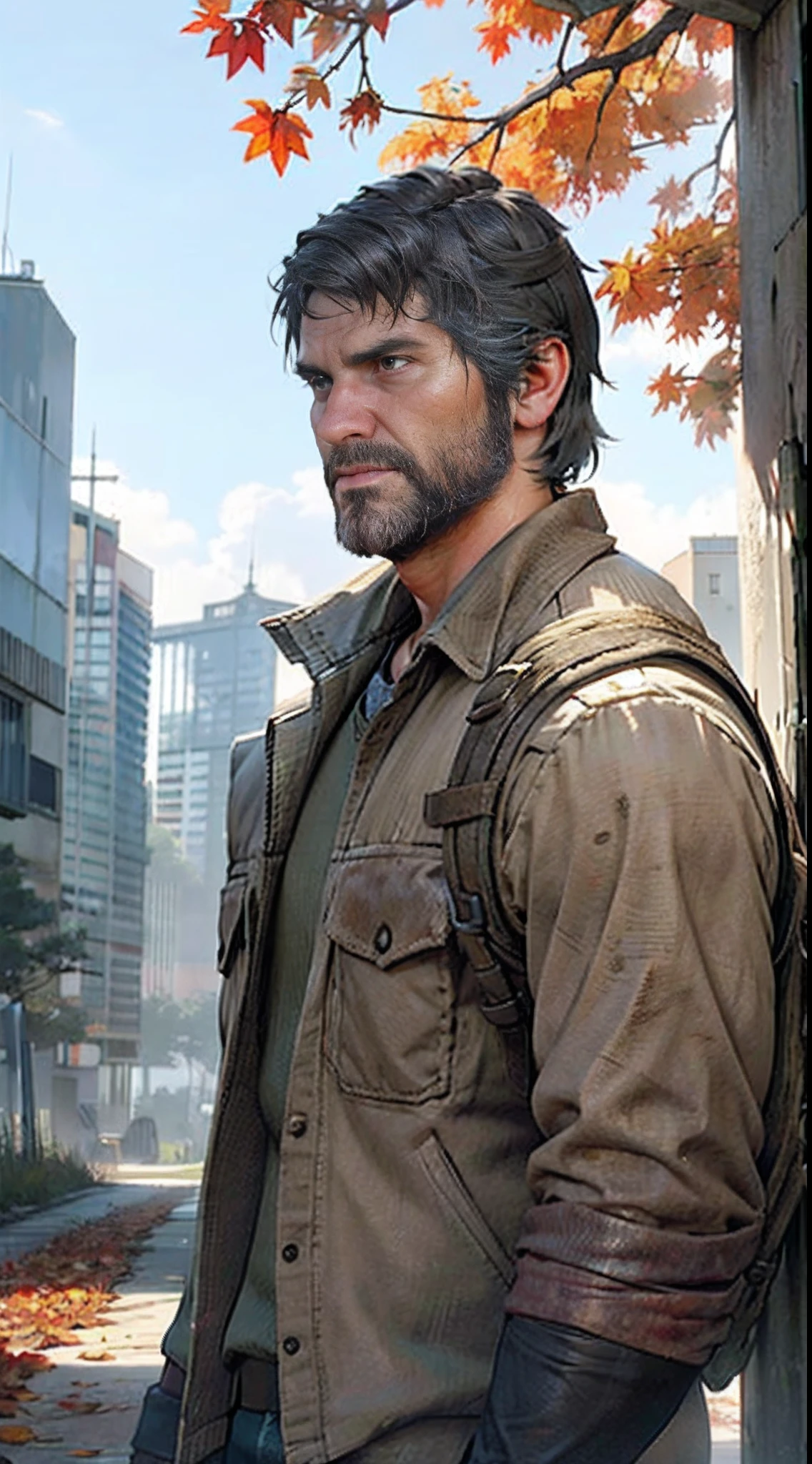 Best quality, masterpiece, ultra high res,detailed background,hadesstyle,solo,joel \(the last of us\),male,mature,bara,mature male,facial hair,dusk,cowboy shot,cloudy sky,autumn,autumn leaves,short hair,broken city,ruined street,ruins,post apocalypstic world,plant,serious,looking at viewer,depth of field,upper body shot,