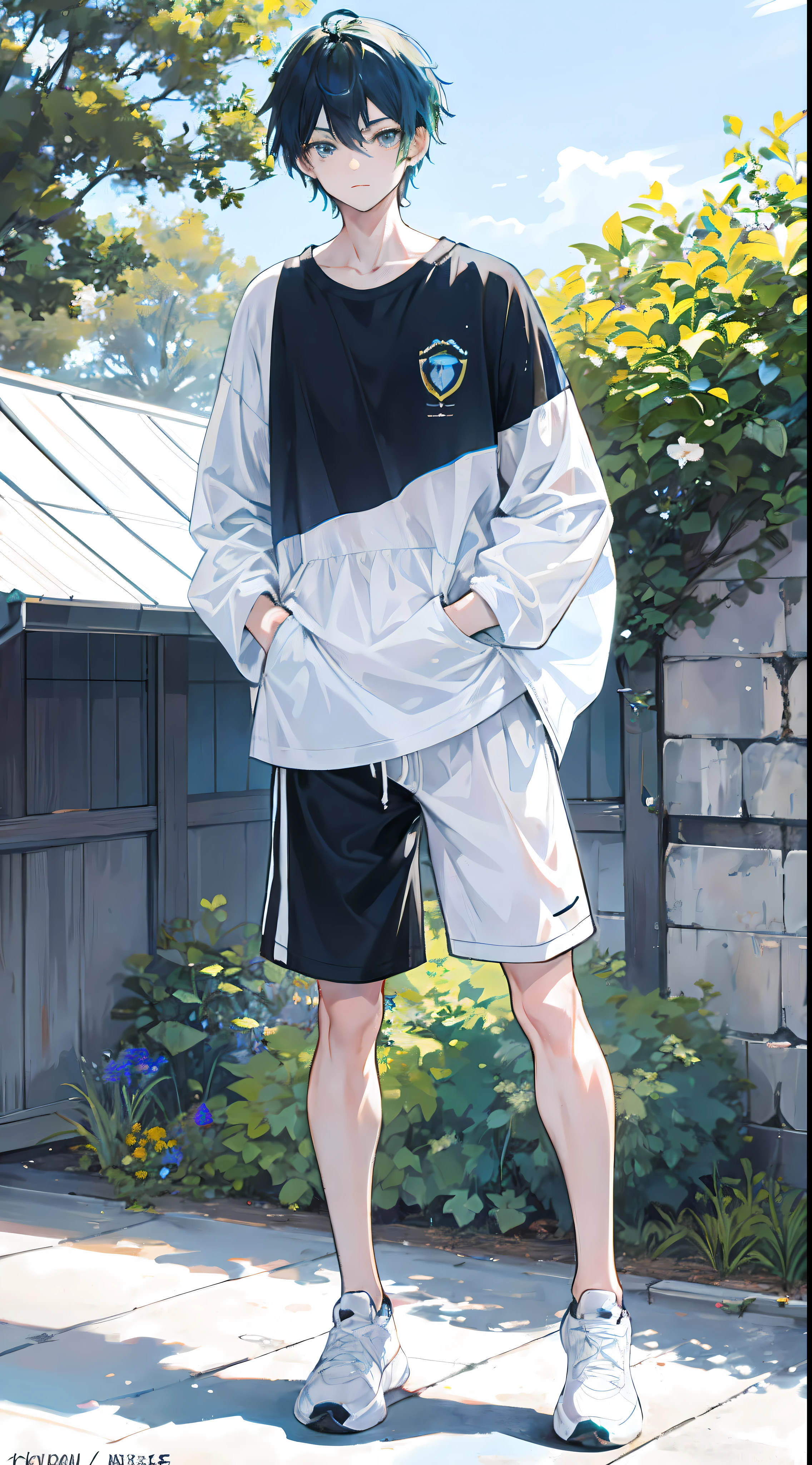 A nineteen-year-old boy，Blue-green hair ，The sun shines，Black colored eyes，combed hair，short detailed hair，White top pajamas，Bottoms super shorts，athletic sneakers，Hands naturally lowered，standing on your feet，full bodyesbian