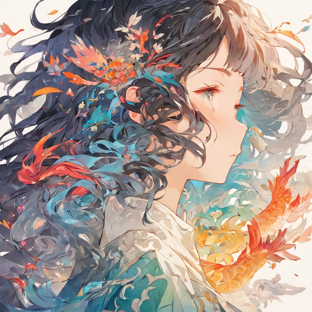 (White background:1.4),(Silhouette of a girl's head, Eyes closed, colorfull long hair, Oriental elements)，(Chinese illustration:1.3，paper art:1.3, Quilted paper art:1.2),( reasonable design, Clear lines, High sharpness,Best quality, Very detailed, Masterpiece, movie light effect, 4K )