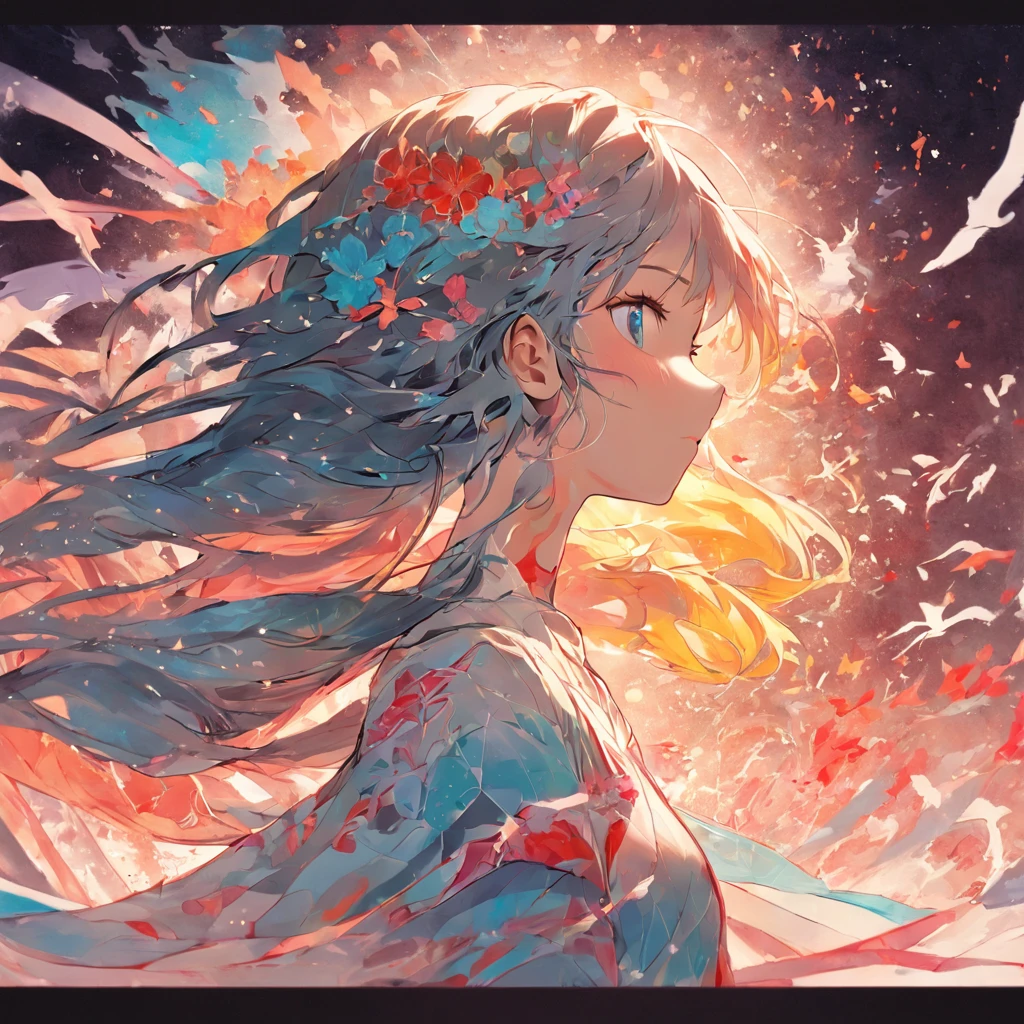 (White background:1.4),(Silhouette of a girl's head, Eyes closed, colorfull long hair, Oriental elements)，(Chinese illustration:1.3，paper art:1.3, Quilted paper art:1.2),( reasonable design, Clear lines, High sharpness,Best quality, Very detailed, Masterpiece, movie light effect, 4K )