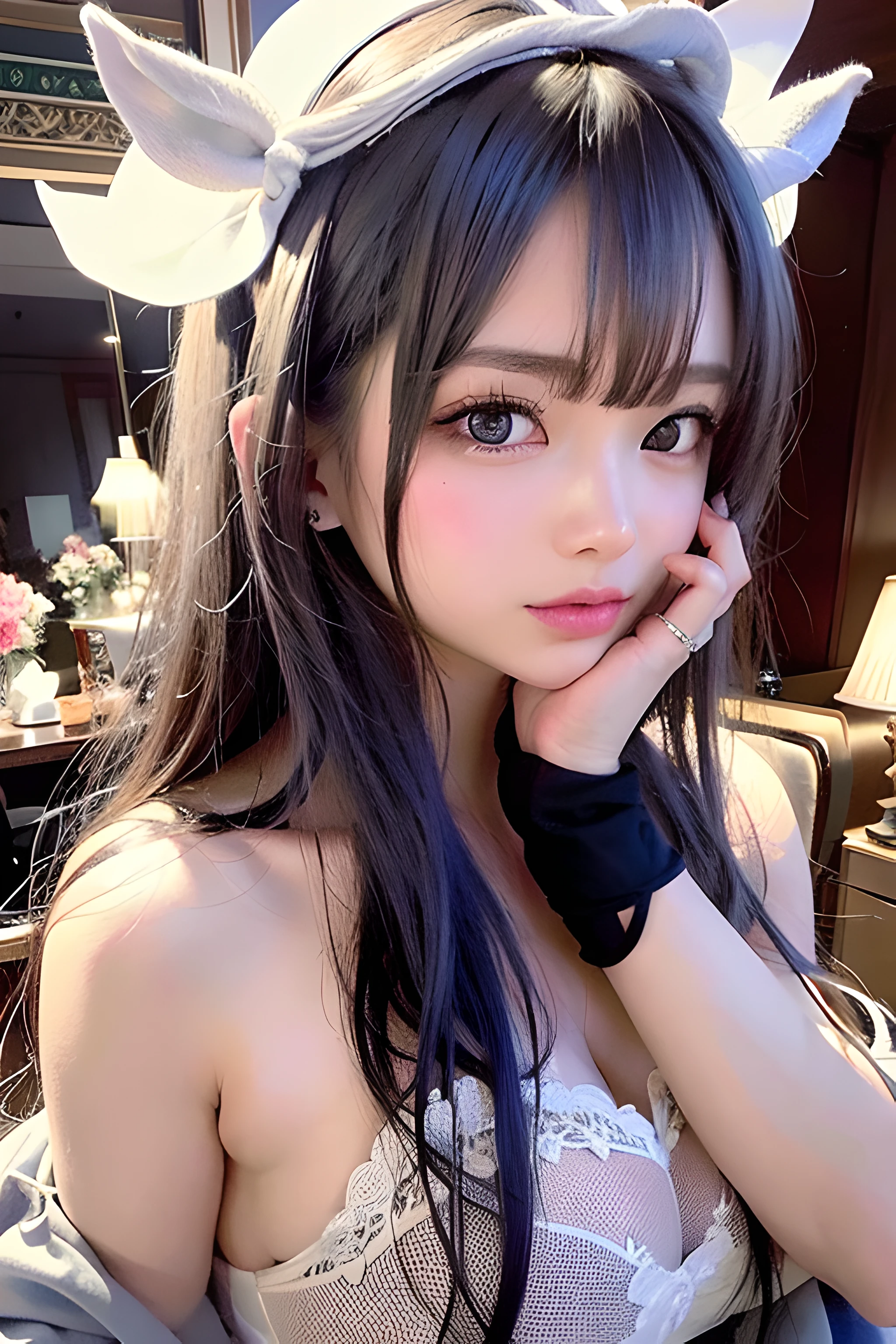 highest quality, High resolution, (photorealistic illustration:1.2), 1 girl, Japanese beautiful girl, (nude:1.5), happy smile, (Upper body), high definition eyes, (narrow eyes, drooping eyes:1.4), big eyes, black hair, Hair Up, Are thin, white skin, lack of moles, small breasts, small nipples, face light, depth of field, blurred background, vignette, (night:1.2), dim room, large bedroom, King-size bed,