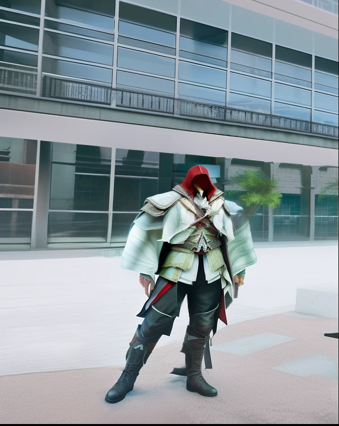 change background and change cloths to assassin's creed and man stand on assassin's creed tower and ready to jump