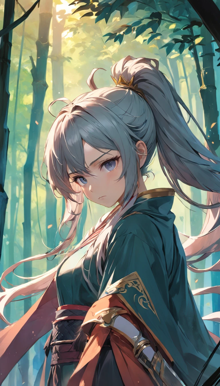Best quality, Masterpiece, 超高分辨率,1 man,A warrior in his 20s,High ponytail,The hair is blown by the wind,With a cloak,Dressed in chivalrous customer service,Very handsome,His face was grim,Face away from the camera,Look back at the camera,Sword in hand,In the bamboo forest,Dream-like,fusionart, Shadowdancer, shadowstep,