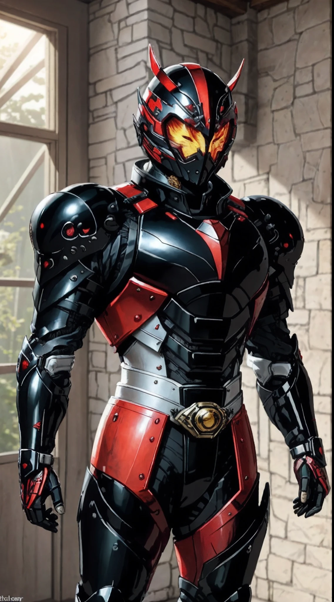 A man wearing a full-face helmet that covers most of his face, adorned in a biomimetic fantasy-style armor, the predominant black color is accented with red textures in the design this character embodies a finely crafted fantasy-style armored warrior design in anime, ((character concept art)), high definition, best quality, ultra-detailed, extremely delicate, anatomically correct, symmetrical face, extremely detailed eyes and face, high quality eyes, creativity, RAW photo, UHD, 16k, (Natural light, cinematic lighting, masterpiece:1.5)