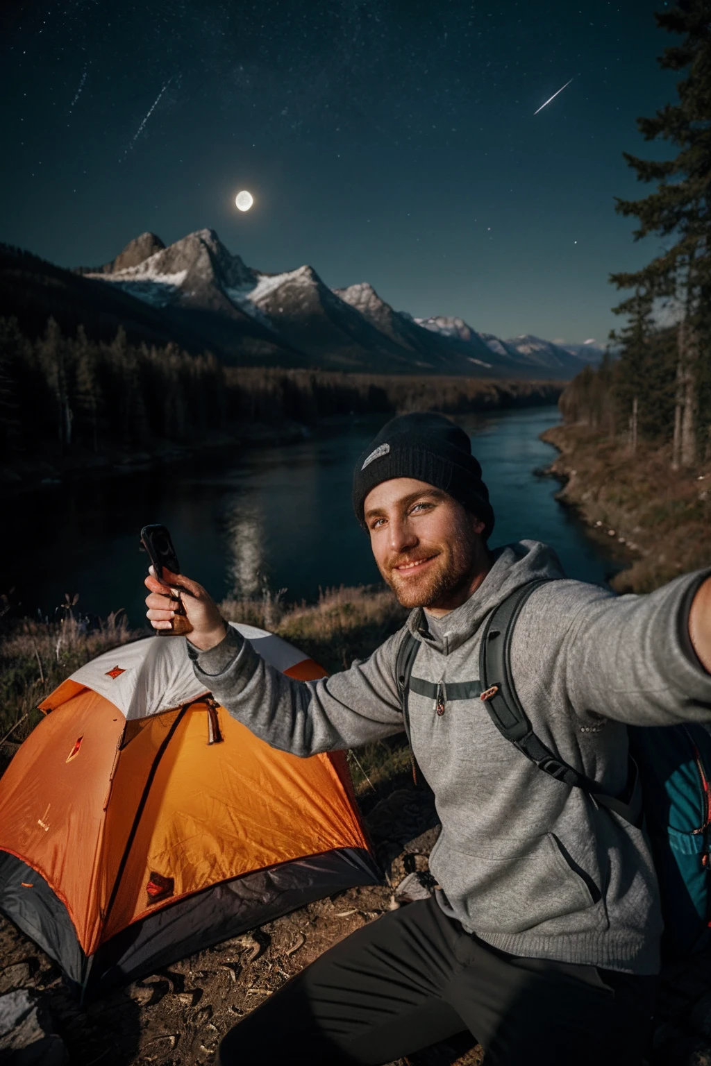 1 Man ((Upper Body Selfie, Happy)), Masterpiece, Best Quality, Ultra Detailed, Solo, Outdoor, (Night), Mountains, Nature, (Stars, Moon) Cheerful, Happy, Backpack, Sleeping Bag, Camping Stove, Kettle, Hiking Boots, Gloves, Sweater, Hat, Flashlight, Forest, Rock, River, Wood, Smoke, Shadow, Contrast, Clear Sky, Simulation Style (View Audience: 1.2) (Skin Texture) (Film Grain: 1.3) , (Warm Colors, Warm Colors)