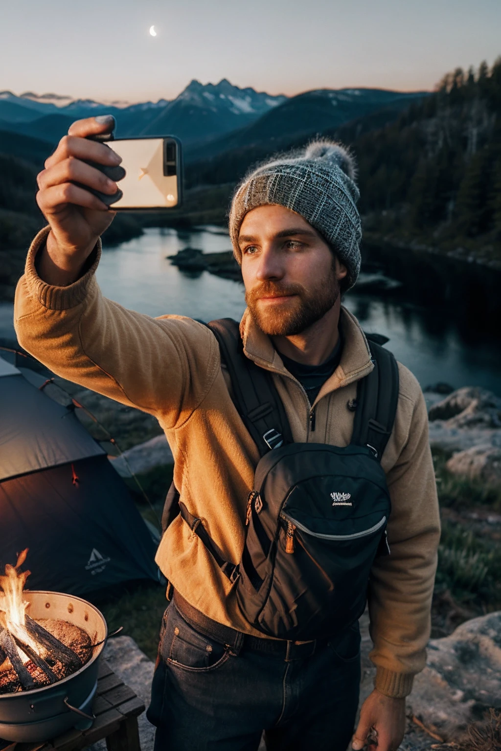 1 Man ((Upper Body Selfie, Happy)), Masterpiece, Best Quality, Ultra Detailed, Solo, Outdoor, (Night), Mountains, Nature, (Stars, Moon) Cheerful, Happy, Backpack, Sleeping Bag, Camping Stove, Kettle, Hiking Boots, Gloves, Sweater, Hat, Flashlight, Forest, Rock, River, Wood, Smoke, Shadow, Contrast, Clear Sky, Simulation Style (View Audience: 1.2) (Skin Texture) (Film Grain: 1.3) , (Warm Colors, Warm Colors)