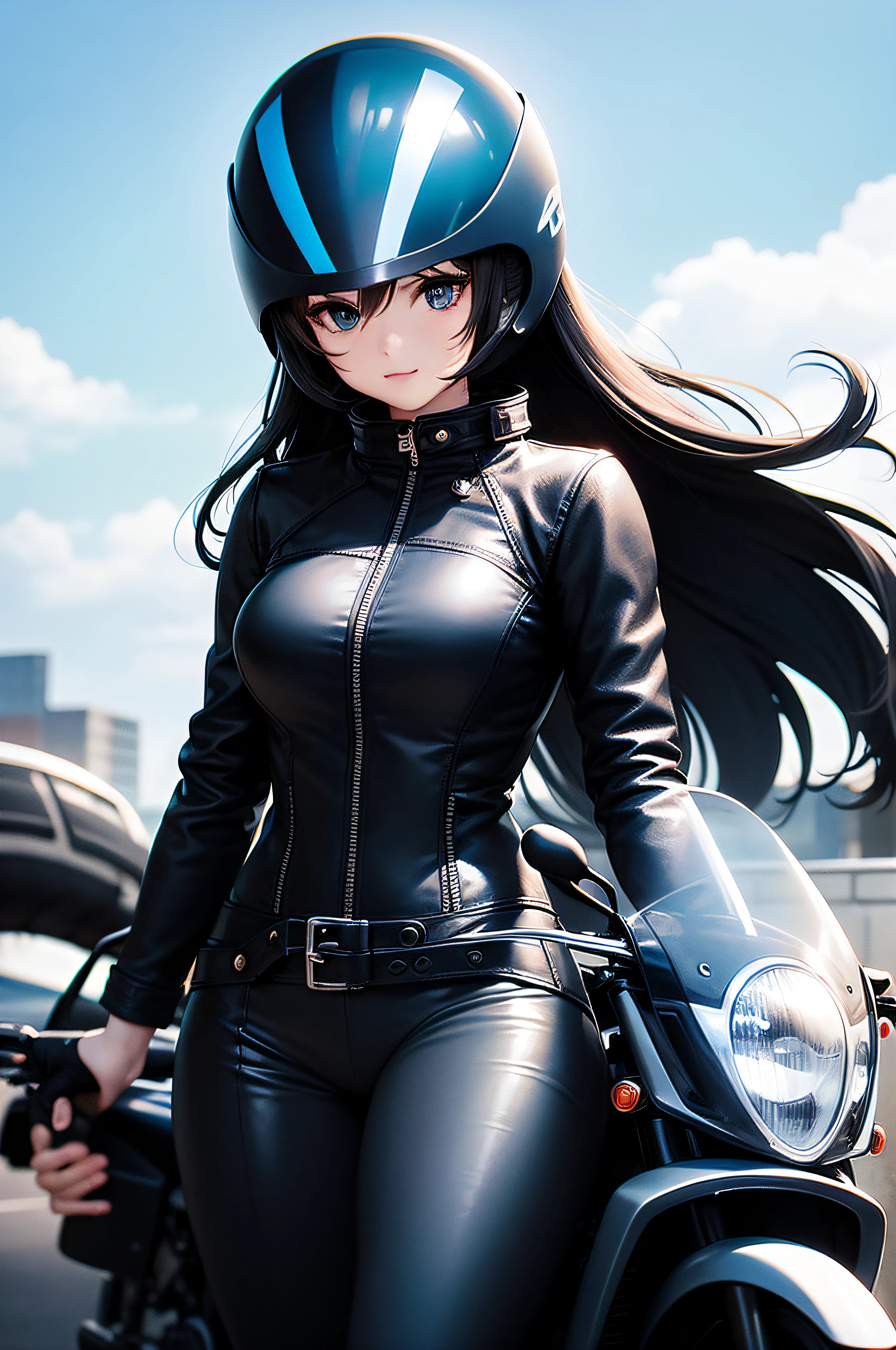 illustration,A female rider wears a black leather jacket and a black helmet,Riding a motorcycle, the whole diagonally came like me,The overall style is more cute,The back background is blue sky and white clouds,Characters account for 50%,The motorcycle appeared in full vehicle