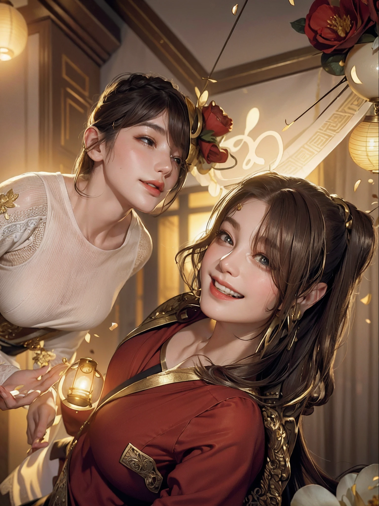 best quality, masterpiece, highres, (exquisite body:1.5),gorgeous face,(milky skin:1.3),intricate details,high resolution,wallpaper,
1girl, solo, dress, hair ornament, (((gold and red dress))), flowers, long hair, brown hair, closed mouth, jewelry, long sleeves, hand up, wide sleeves, big eyes,floating hair, chinese clothes, hanfu, embroidery, long skirt, natural pose, falling petals, indoor,fanning, lantern,
16K,HDR,highres,depth field,(film grain:1.1),boken,golden hour,(lens flare),vignette,rainbowing,(color grading:1.5)