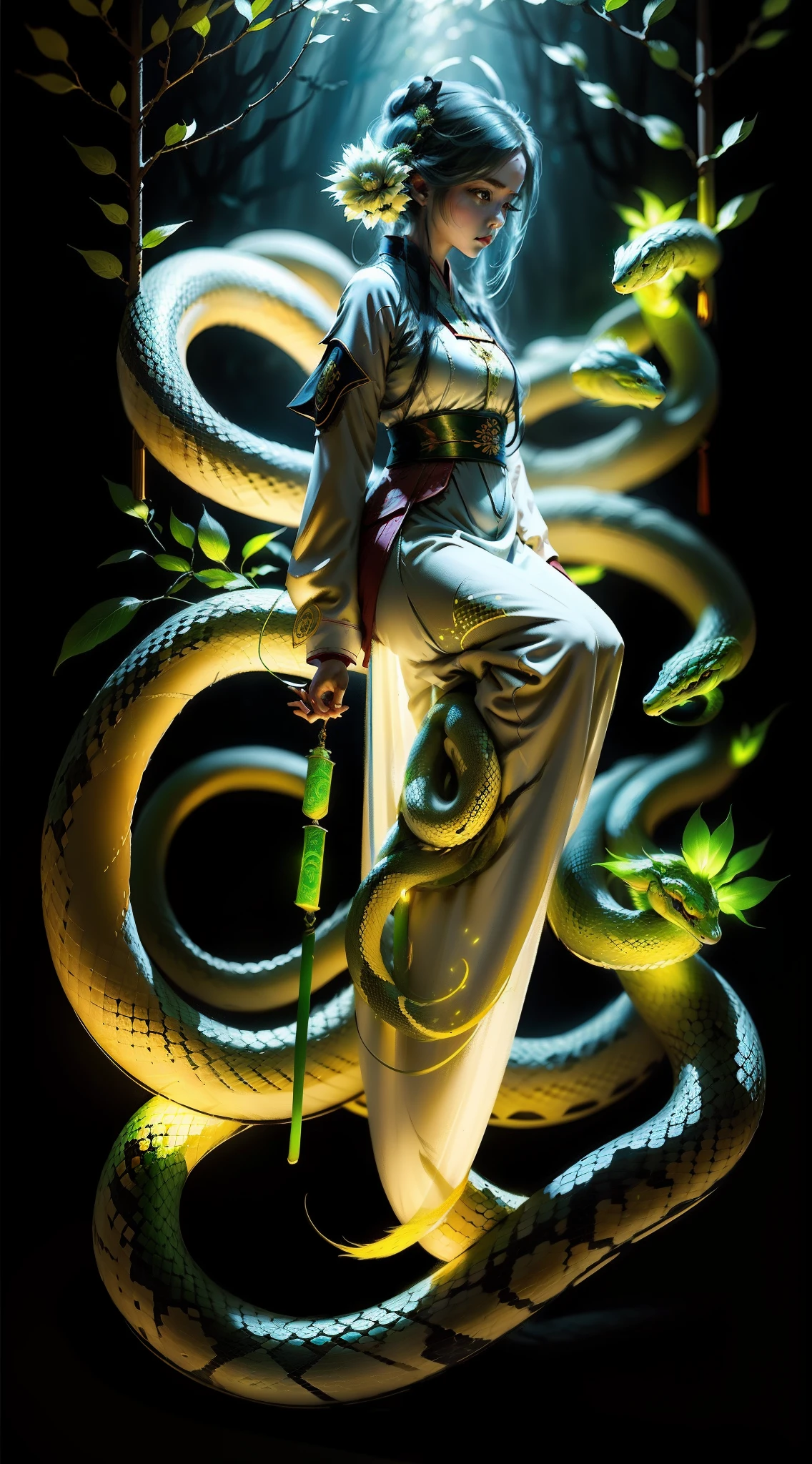 snake girl,Snake tail,White Hanfu,ln the forest,Fluorescence,