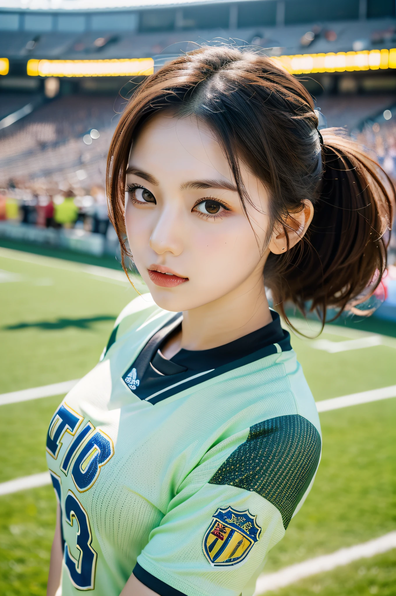 『Morning Musume』Envisioning Eri Kamei as a soccer player, Preparing to Play. The background is a bustling football stadium with fans in the stands, however、They are blurry to keep her focused. she's in a dynamic pose, Maybe a mid-kick, Move the soccer ball. Her attire consists of a football uniform, cleat, Shingard, and other mentioned accessories. If she plays the role of a goalkeeper, Is she diving、Be prepared to stop the goal, Complete with goalkeeper gloves. Images should be of the highest quality, Capture the intricate details of her costumes and the emotions of her poses. The lighting should be like in a stadium, Spotlight her. The colors should be rich and vibrant, Emphasis on team colors and the greenery of the soccer field. To feel the grandeur、The shot should be taken from a low angle. Use photo hyper-realism, Highly detailed, and high-resolution 16k.
--ar 16:9 - V5.1 --Style raw --Q 2 --S 750