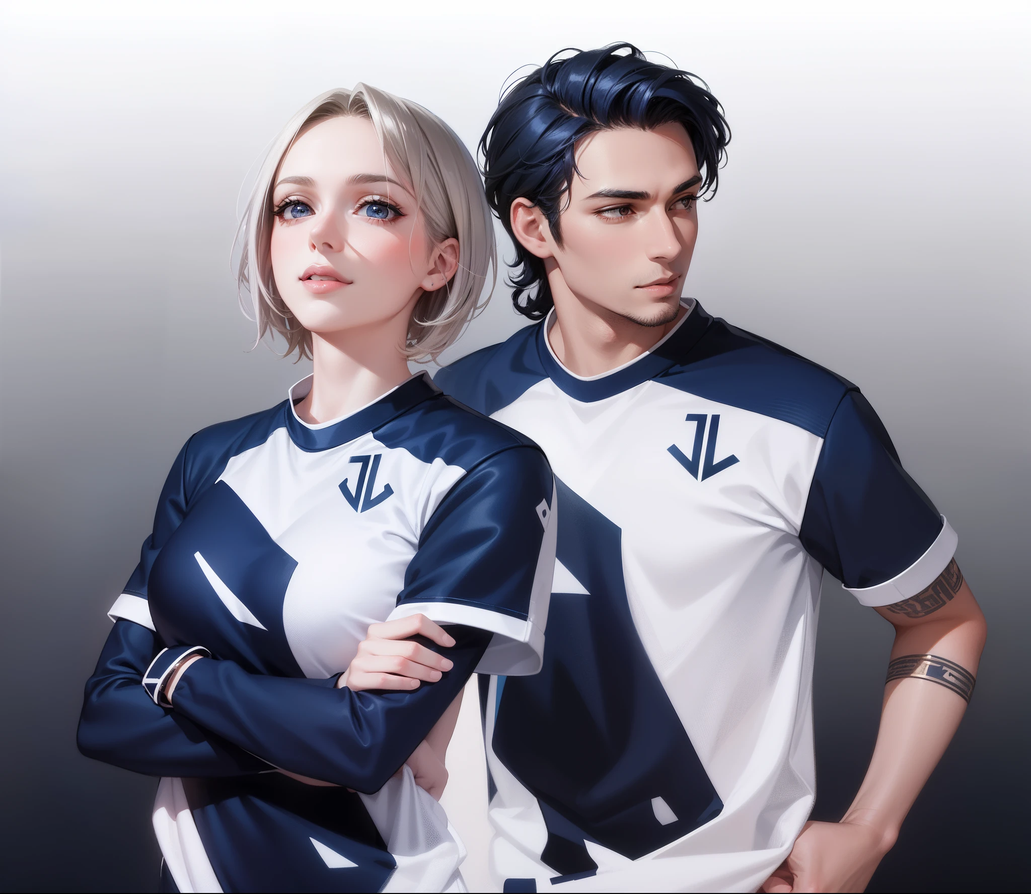 2 people, woman and man, Attractive profile picture, masterpiece, ultra-precise rendering, beautiful and cool young woman, trustworthy, dependable young woman, savior of the world, simple design, most beautiful image, 4K, blue black hair, beautiful woman, beautiful smile, woman short hair, clean skin, men facial hair,