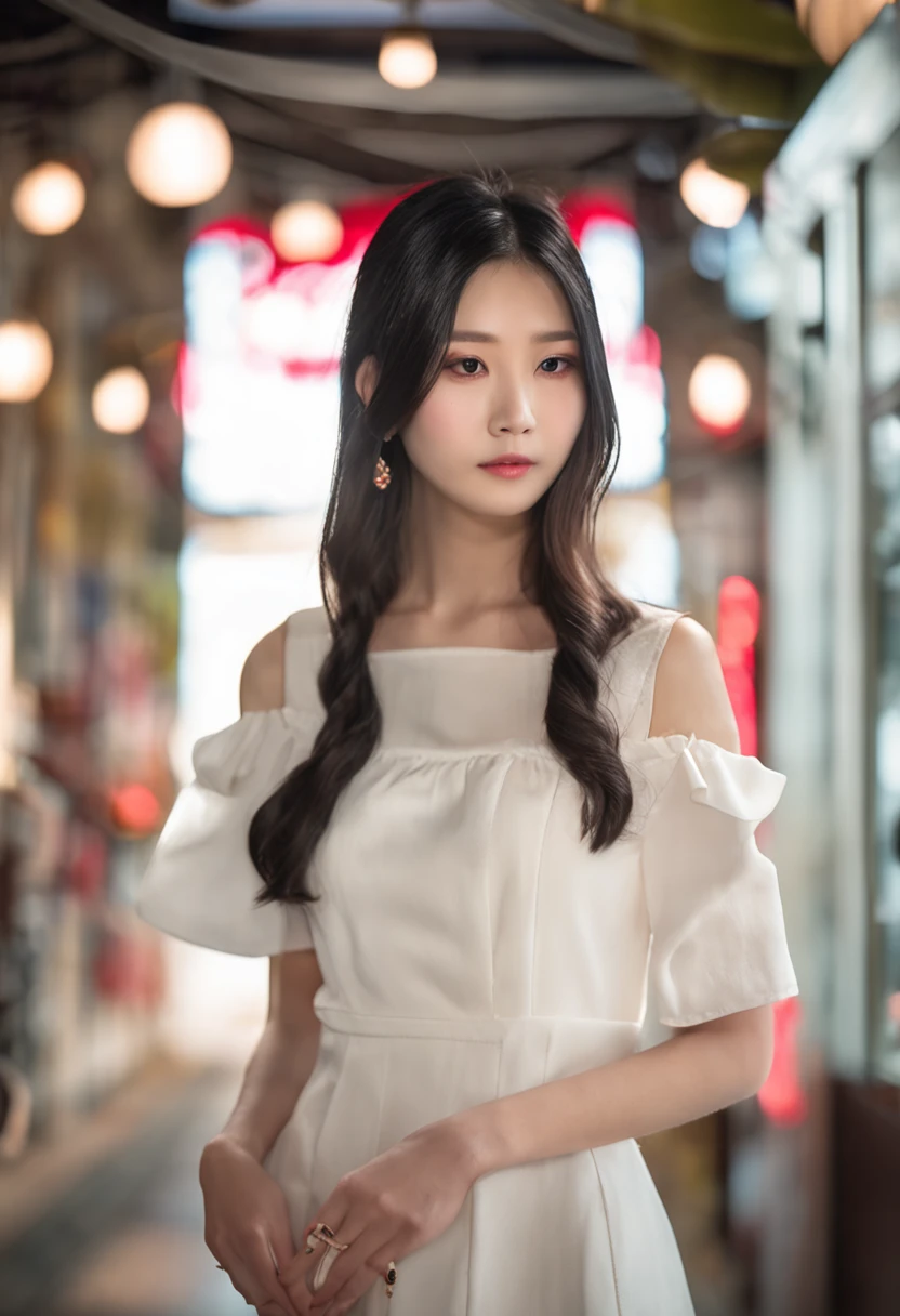 A sweet 18 year old Chinese girl posing for a photo, pure, light makeup, wearing a light white peplum top, Fair and smooth skin, moist red lips, small nose, thin bracelet, black long hair, Thin, vest line, beautiful collarbone, clear jawline, full body, in the style of kawaii aesthetic, soft focus nostalgia, photorealistic, realistic detailing, Sony FE 600mm F4 GM OSS, iso 1000, af-c,shutter: 1/125s, side light, real, HD, 32K,