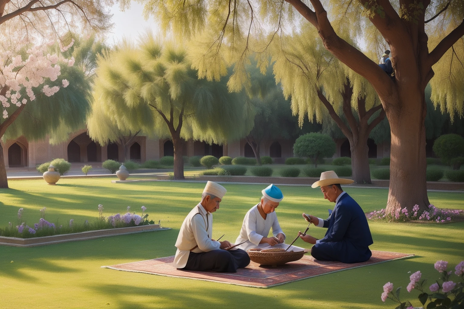 Year: 2022
Country: Uzbekistan
Description: At a serene Samarkand garden, a couple in their 50s practices the art of calligraphy under the dappled shade of ancient mulberry trees. They use delicate brushes and inkpots to create intricate designs on parchment, surrounded by blooming flowers.