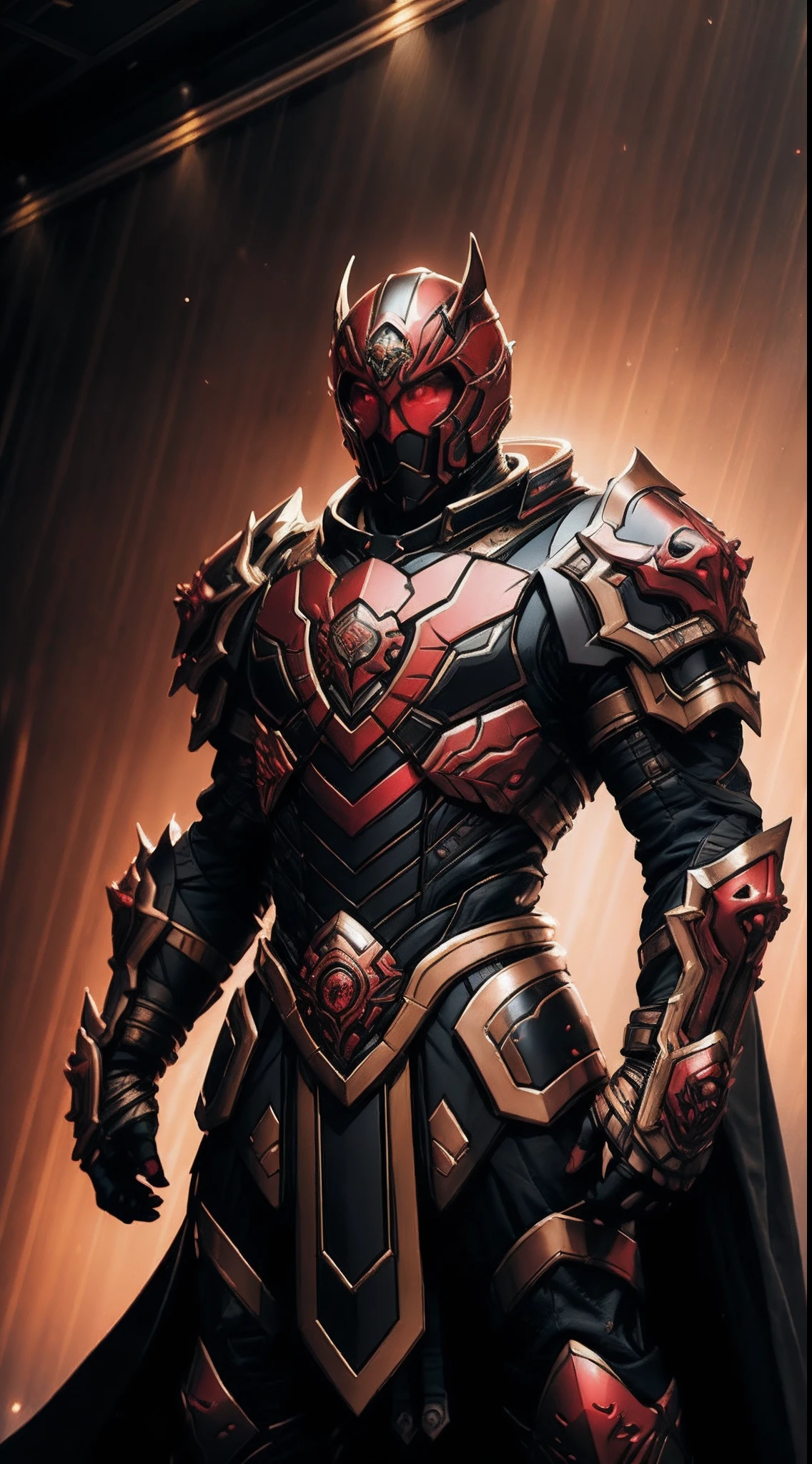 A man wearing a full-face helmet that covers most of his face, adorned in a biomimetic fantasy-style armor, the predominant black color is accented with red textures in the design this character embodies a finely crafted fantasy-style armored warrior design in anime, ((character concept art)), high definition, best quality, ultra-detailed, extremely delicate, anatomically correct, symmetrical face, extremely detailed eyes and face, high quality eyes, creativity, RAW photo, UHD, 16k, (Natural light, cinematic lighting, masterpiece:1.5)