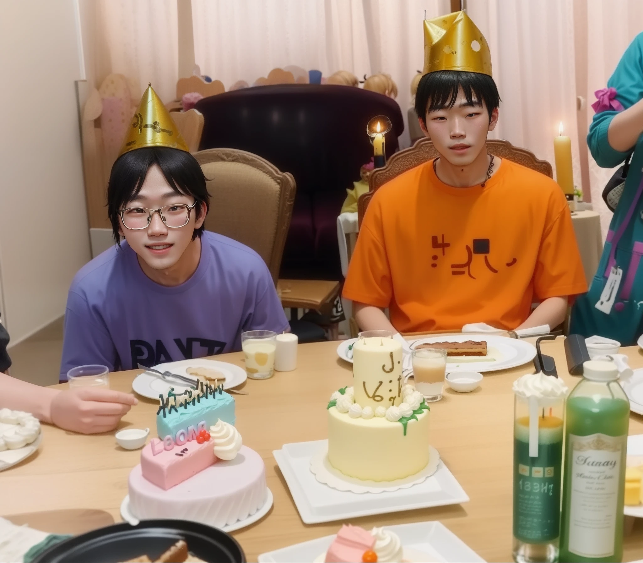 Several people sat at a table, There were cakes and candles on the table, mukbang, Birthday party, happy birthay, The younger sister is 18 years old，The older brother is 19 years old，of celebrating birthdays,k hd，hight decorated