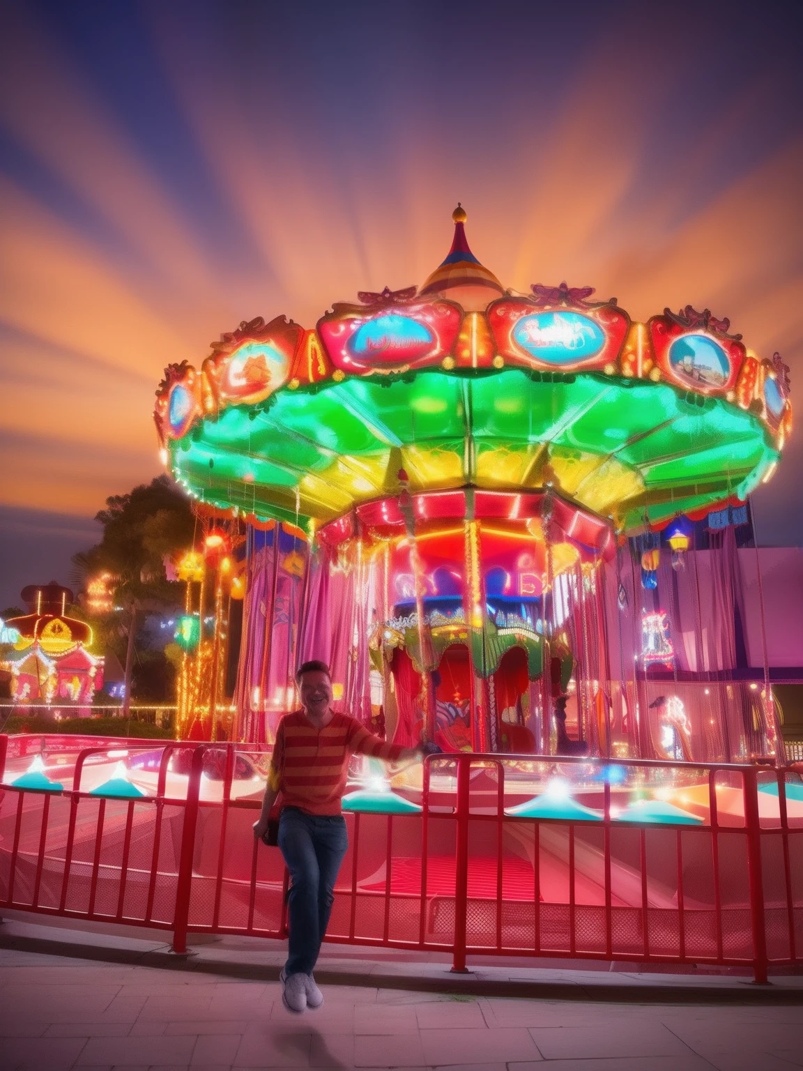 araffe rides a merry go round at a park at night, rides, amusement park, taken with sigma 2 0 mm f 1. 4, fairground rides, taken with the best dlsr camera, dreamworld, having a great time, taken with sony alpha 9, at a park, wonderous and magical, with a park in the back ground, carousel