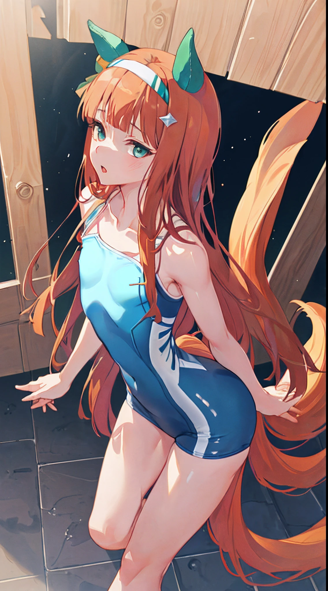 (Masterpiece), (Best Quality), (hight resolution), (1girl), Quiet Suzuka, (Uma Musume), brown hair, Cyan eyes, (((little chest:1.4))), quiff, (Lightweight swimsuit), mouth open, red cheeks, heavy breathing, (Beautiful and smooth skin), (((Randomly selected pose))), ((( No extra arms and legs))), (((Randomly selected angle))), (((The body has no flaws))), (((a lot of details))), ((( Girls have 1 tail on the lower back), (((random view))), (((A unique picture)), (((random angle))))
