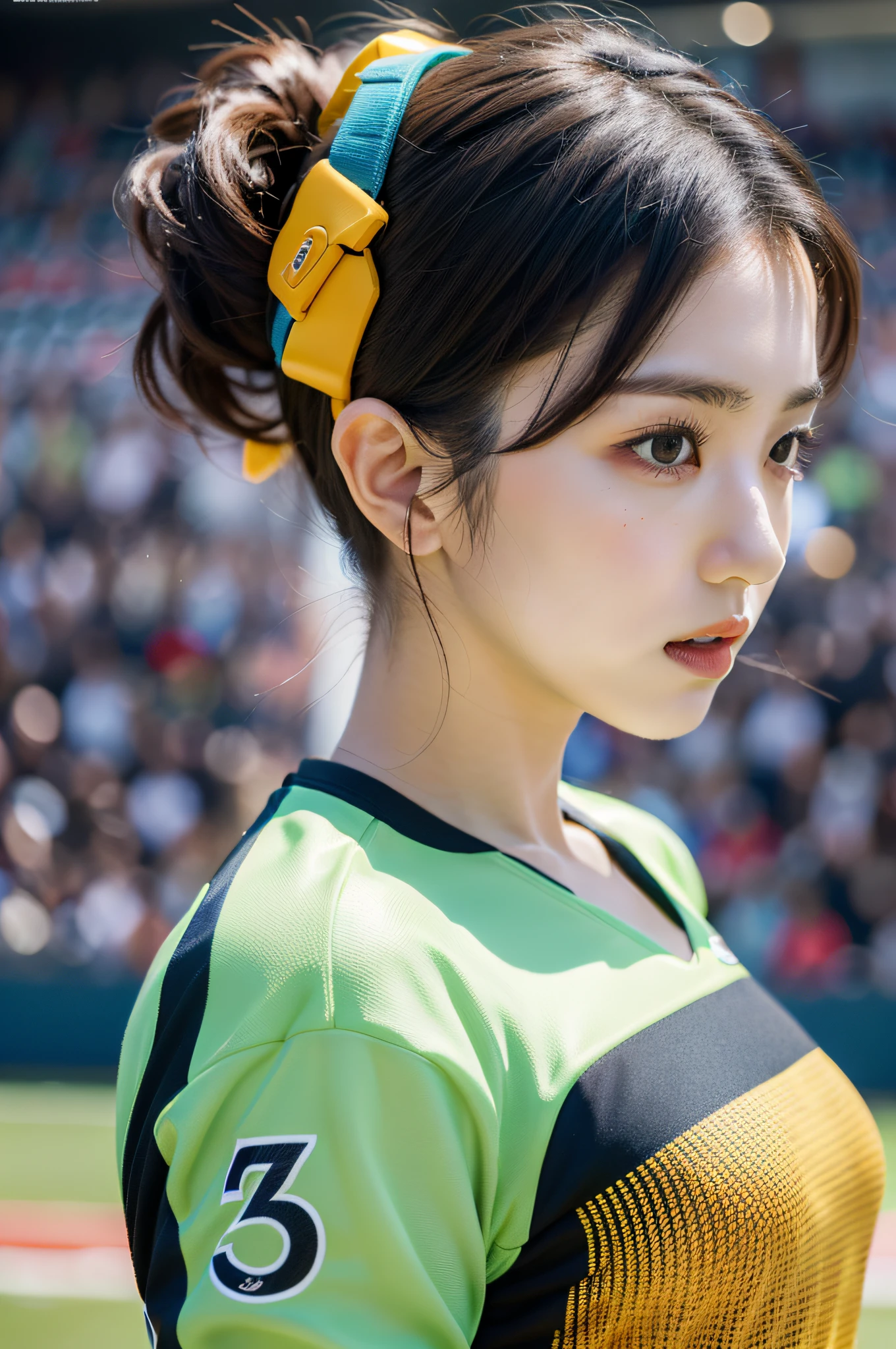 『Morning Musume』Envisioning Eri Kamei as a soccer player, Preparing to Play. The background is a bustling football stadium with fans in the stands, however、They are blurry to keep her focused. she's in a dynamic pose, Maybe a mid-kick, Move the soccer ball. Her attire consists of a football uniform, cleat, Shingard, and other mentioned accessories. If she plays the role of a goalkeeper, Is she diving、Be prepared to stop the goal, Complete with goalkeeper gloves. Images should be of the highest quality, Capture the intricate details of her costumes and the emotions of her poses. The lighting should be like in a stadium, Spotlight her. The colors should be rich and vibrant, Emphasis on team colors and the greenery of the soccer field. To feel the grandeur、The shot should be taken from a low angle. Use photo hyper-realism, Highly detailed, and high-resolution 16k.
--ar 16:9 - V5.1 --Style raw --Q 2 --S 750
