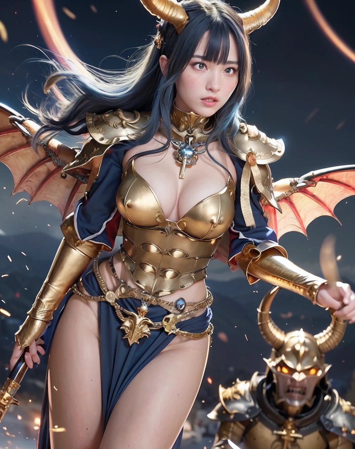 Professional , ​masterpiece、top-quality、photos realistic , depth of fields 、（Gemstone Blue Metal Body:1.２),(Matte Blue Black、（Standing in the church）、gold patterns、Wind-effect、Light Effects、Wind-effect、magic circles、（cleavage of the breast）、Dragon Gold Weapon（Dragon Metal Body:1.４),Gorgeous gold weapons ,（Particles of light）、 ,Fight soldiers in skeleton armor ,（fierce look）、Mystical expression、16-year-old beautiful girl、（（ Dragon's dense and gorgeous sword）） , Ultimate Beauty   、（（Blue hair））、（Castle background）、Fight dragons、Fight with weapons、（（Gangle's forest background））、Beautiful Caucasian beauty、（１a person）、dynamic ungle,(((Details of the two demon horns on the head)))、Smaller head、A smile、Castle background、Thin and beautiful female hands、cleavage of the breast、Soldier in iron armor on background、Mystical expression、Light Effects、Wind-effect、magic circles、With the legendary magic wand、（demonic wings）、（Blue hair）、（1 persons）、Battle Look、Anatomically correct body、Toostock、Toostock、knee、Fight soldiers in skeleton armor ,