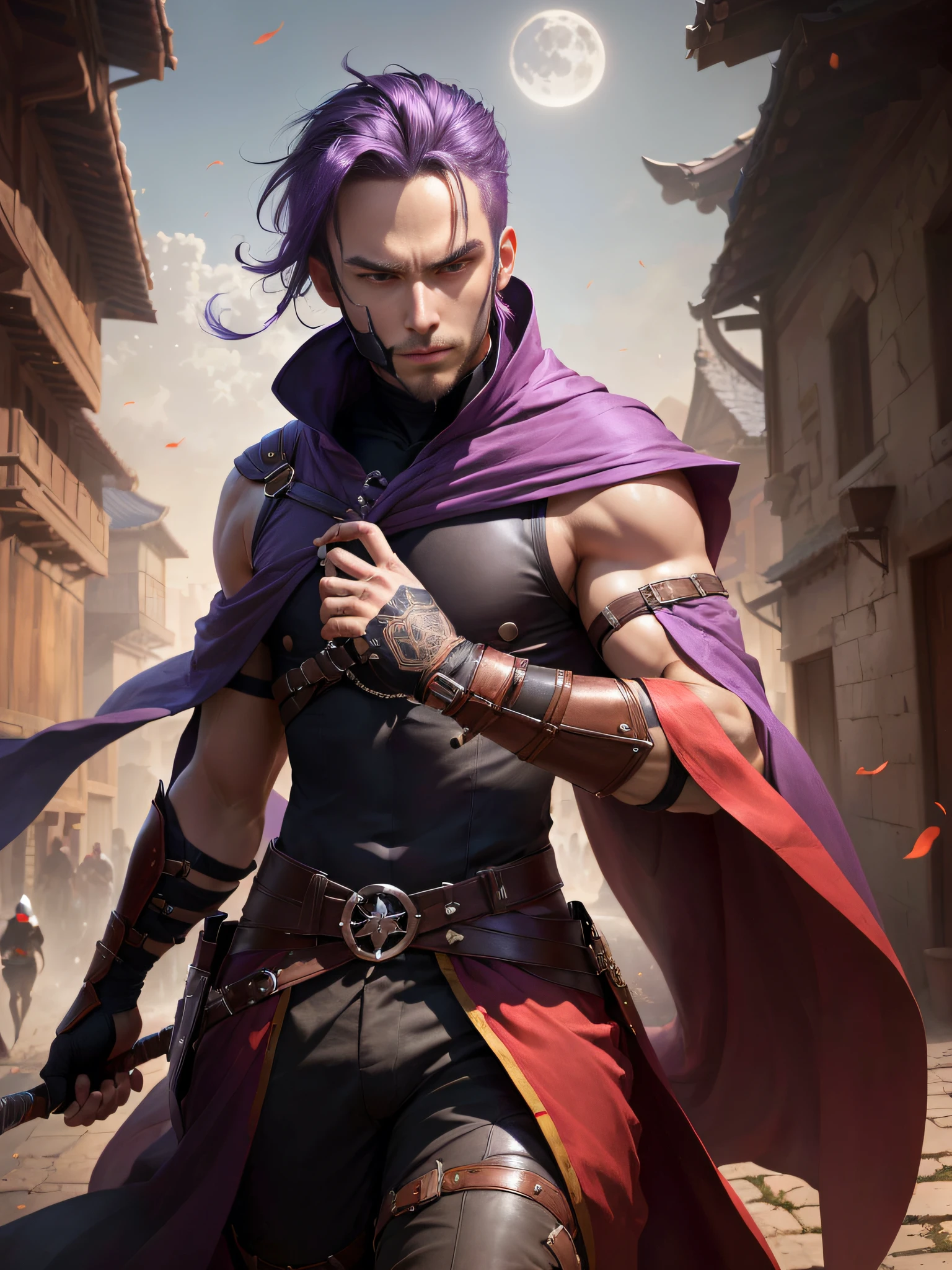 (((masutepiece, Best Quality, ultra-detailed))), (Male talented assassin, solo, fighting in acrobatic action, Unapproachable vibe, Serious, Perfect fingers, Perfect hands, Looking down to Viewer), 35 years old, (Medieval assassin costume, long assassin cloak, mouth mask, back hand), Medieval secret guild outside as background, midnight, moon lighting, tense air, From above, Dynamic Angle, Purple hair, Very short hair, Male face, villain's face, Forehead, male eyebrows, Male Eyes, sharp nose, adam's apple, (red sharp eyes), Red pupils glowing,