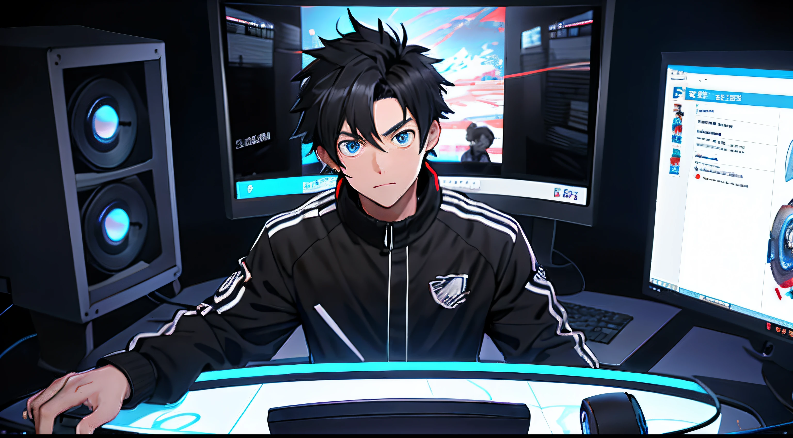 Best quality: 1.0), (super high resolution: 1.0), anime boy, short black hair, blue eyes, sitting in front of the computer to play games live, computer content has a live barrage similar to the live broadcast screen of TikTok, the background is in the e-sports room,