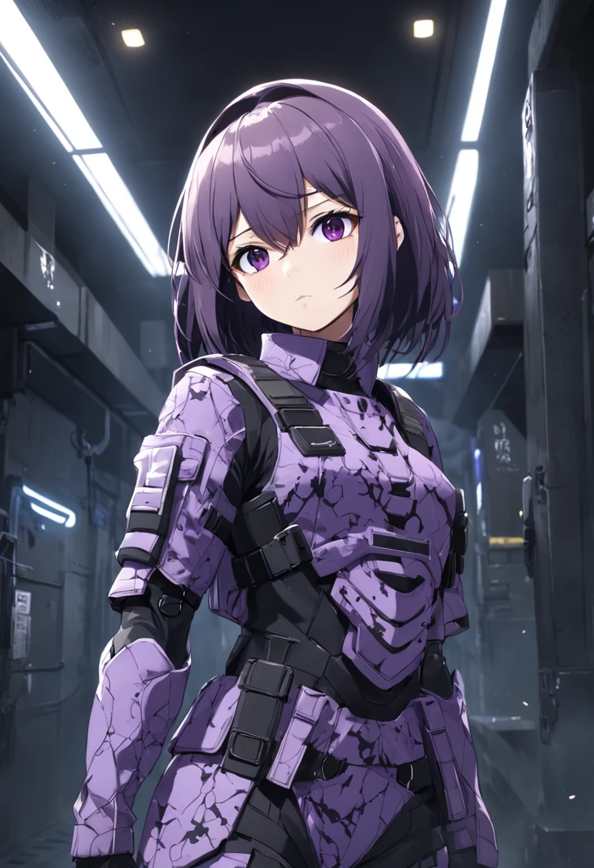 Signal violet hair,Black desert camouflage has the word SCP,Normal height,Put your hands in your pockets,Body armor,Cold,Armed men are on standby in the background