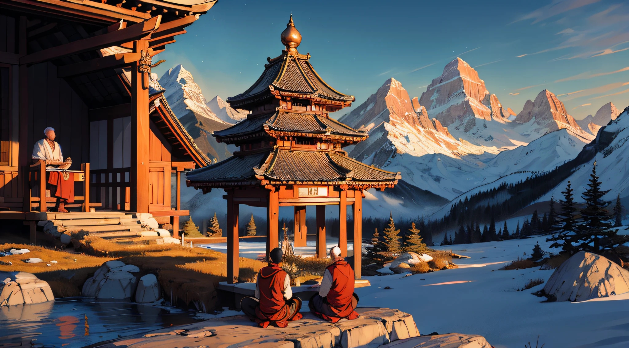 high resolusion, ultrasharp, 8k, Obra maestra, Tres hombres, monjes budistas, Blissful in a tranquil temple surrounded by majestic mountain peaks