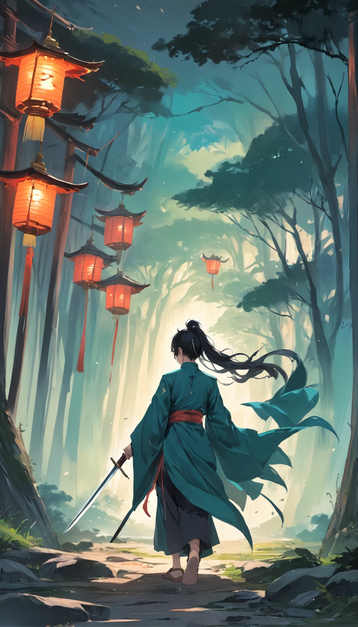 Best quality, Masterpiece, 超高分辨率,1 man,A warrior in his 20s,High ponytail,The hair is blown by the wind,With a cloak,Dressed in chivalrous customer service,Very handsome,His face was grim,Face away from the camera,Look back at the camera,Sword in hand,In the bamboo forest,Dream-like,fusionart, Shadowdancer, shadowstep,