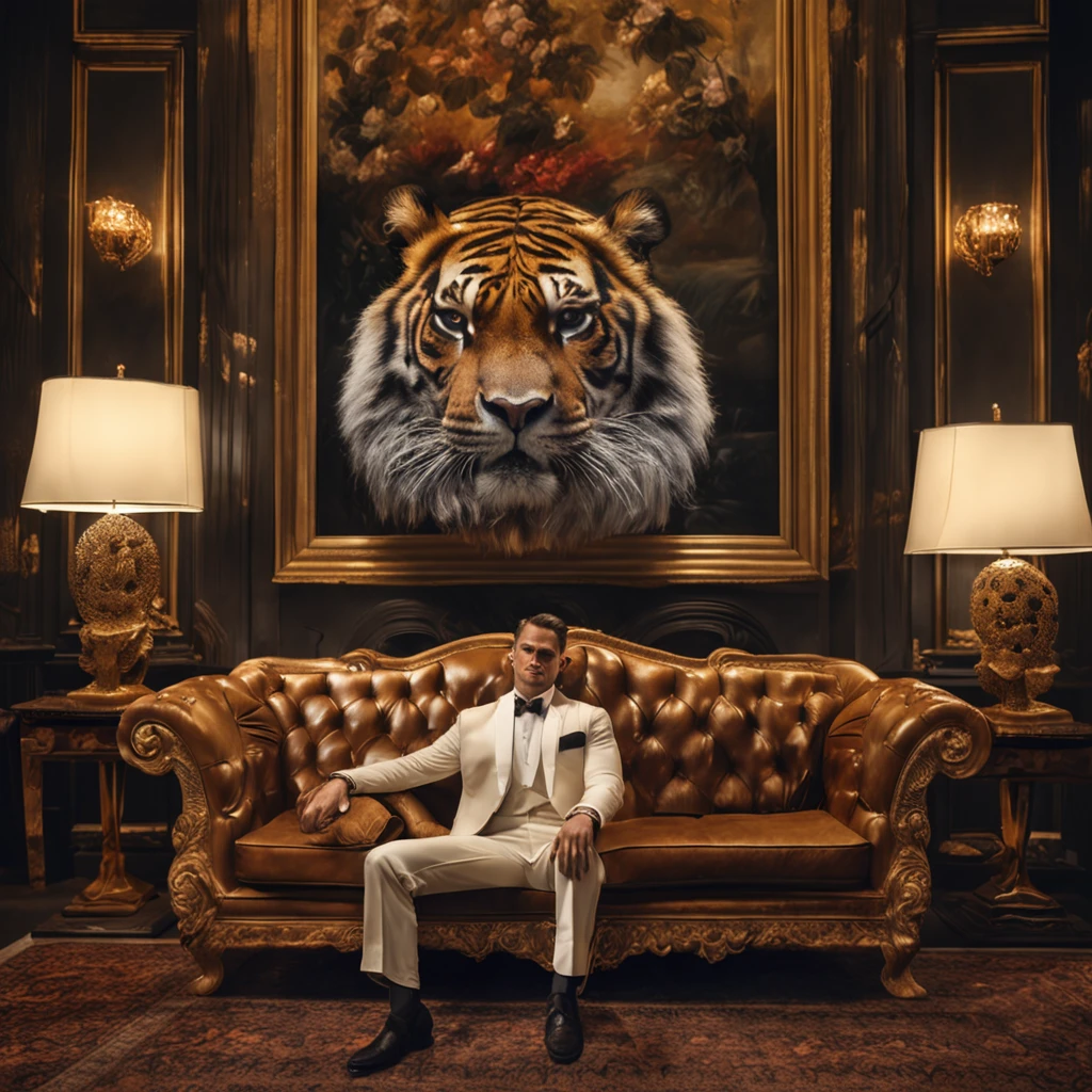 a man sits on a luxurious sofa in a lavishly decorated room. By his side, a majestic tiger reclines gracefully, its presence adding an air of both power and serenity to the scene. black suit, 1man , 1tiger,

Art mediums: Oil painting,
Camera model: N/A,
Lighting style: Soft, warm, and diffused lighting,
Fancy words: Majestic, opulent, serene, powerful, luxurious,
Image description: In this exquisite oil painting, a handsome man is depicted in repose on a sumptuous sofa within an opulent room. The room is adorned with intricate, gilded details and soft, flowing curtains that drape gracefully from the windows. The warm, diffused lighting bathes the scene in a soft glow, creating an atmosphere of relaxation and luxury. To the man's side, a magnificent tiger, with its regal bearing and piercing gaze, sits as a symbol of both power and serenity. The juxtaposition of human and beast in this elegant setting evokes a sense of harmony and majesty.