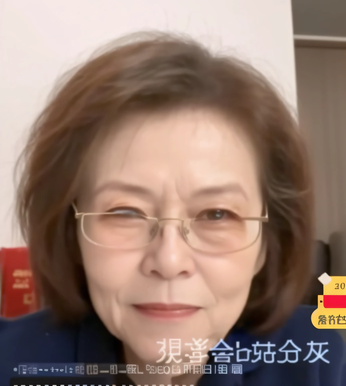 a close up of a person wearing glasses and a blue shirt, she is about 6 0 years old, she is about 7 0 years old, Chiba Yuda, she is about 50 years old, Ugly woman, tiktok video, She is facing the camera, Middle metaverse, zeng fanzh