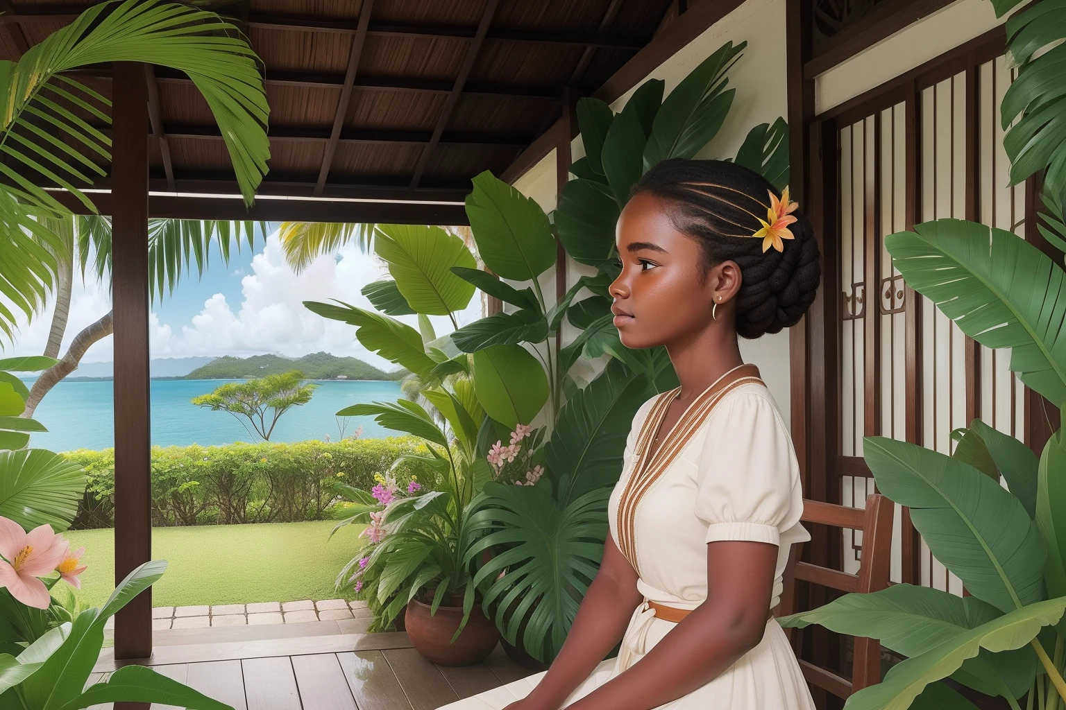 Year: 2022
Country: Vanuatu
Description: On the terrace of a charming colonial-era house in Port Vila, a teenager with a keen interest in botany tends to a lush garden filled with exotic plants. Colorful blooms surround them as they lovingly care for the flora, a nod to the family's appreciation for nature.