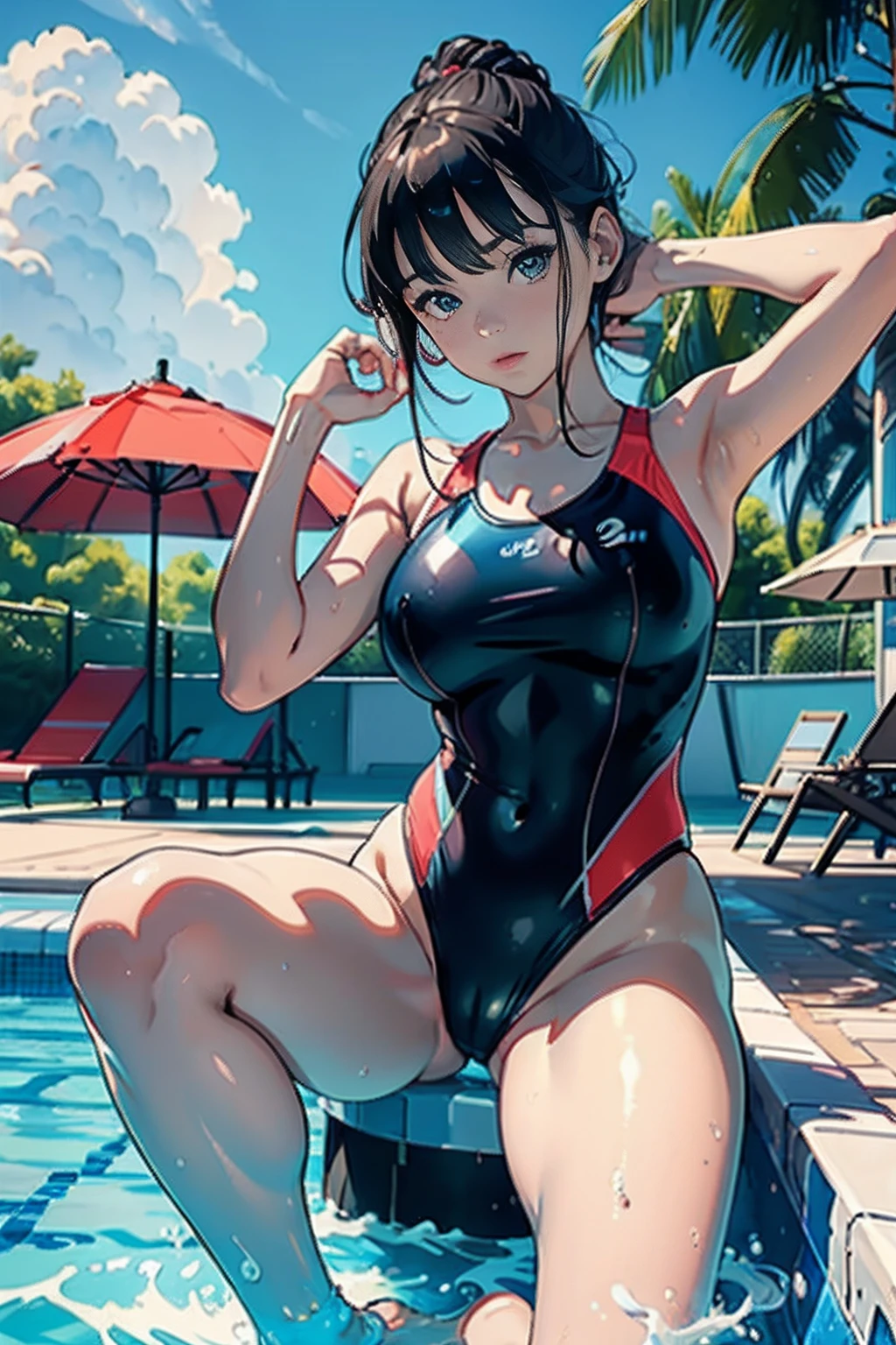 (master piece1.5),((hyper quality)), ((Hyper Detailed)),((Perfect drawing)),nfsw,3D,8K Illustration、Hi-Res、1 persons、femele、in her 20s、Sporty hairstyle、Big eyes with double eyelids、(thick lips)、lofty nose、(((Competition swimwear)))(SPEEDO、Fast Skin Pro、half spats)、Swimming pool、in poolside、beatiful backgrounds、((Accurate drawing))、((Detailed drawing))、Perfect Photo、Perfect Beautiful Girl