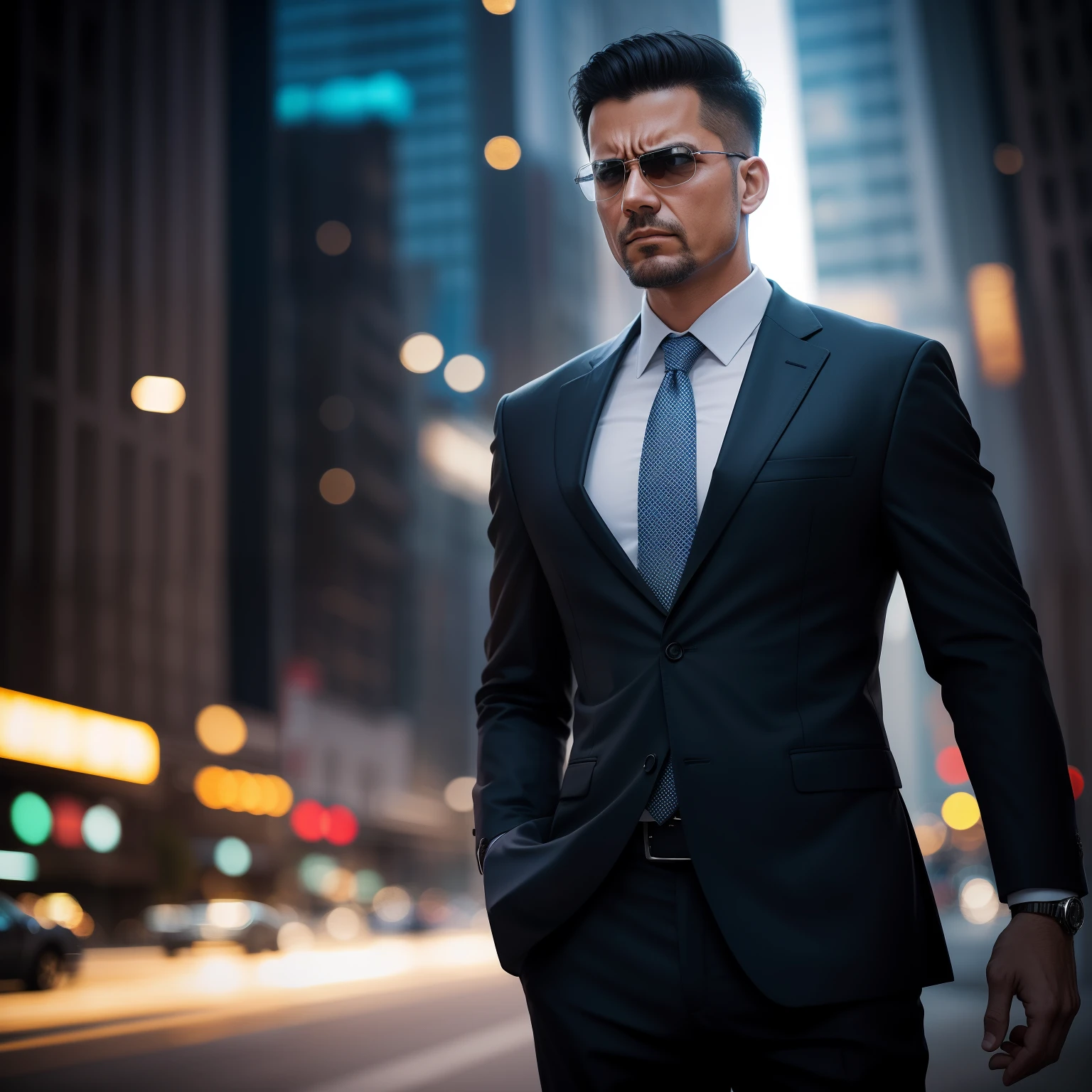 business man praying, 9mm pistol in his waist, 1.4f lens, bookeh effect, portrait foto, realistic, real foto, very detailed, foreground blurry,
