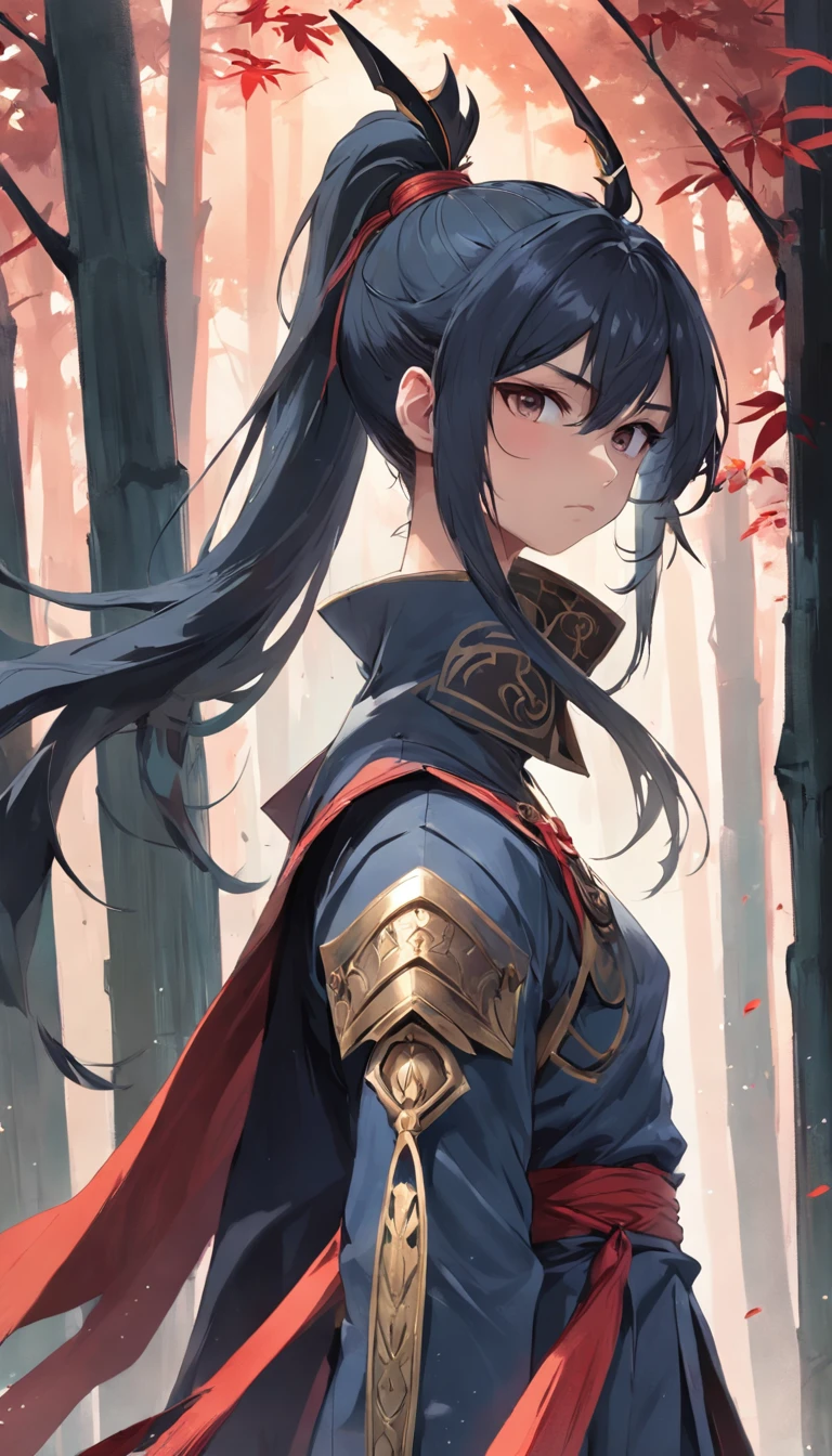 1 man，A warrior in his 20s，High ponytail，The hair is blown by the wind，With a cape on his head，Dressed in chivalrous customer service，Very handsome，His face was grim，Face away from the camera，Look back at the camera，Holding a precious sword，In the bamboo forest，Expose the whole body