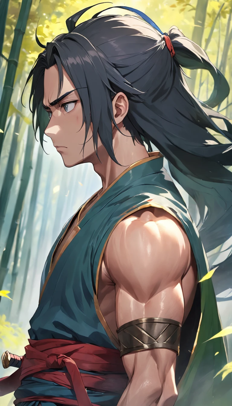 1 man，A warrior in his 20s，High ponytail，The hair is blown by the wind，With a cape on his head，Dressed in chivalrous customer service，Very handsome，His face was grim，Face away from the camera，Look back at the camera，Holding a precious sword，In the bamboo forest，Expose the whole body