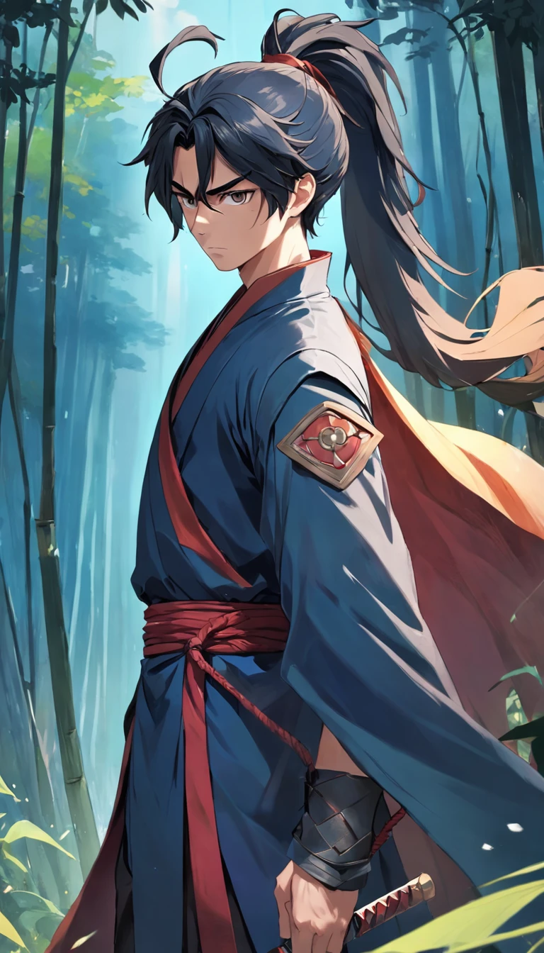 1 man,A warrior in his 20s,High ponytail,The hair is blown by the wind,With a cape on his head,Dressed in chivalrous customer service,Very handsome,His face was grim,Face away from the camera,Look back at the camera,Holding a precious sword,In the bamboo forest,Expose the whole body