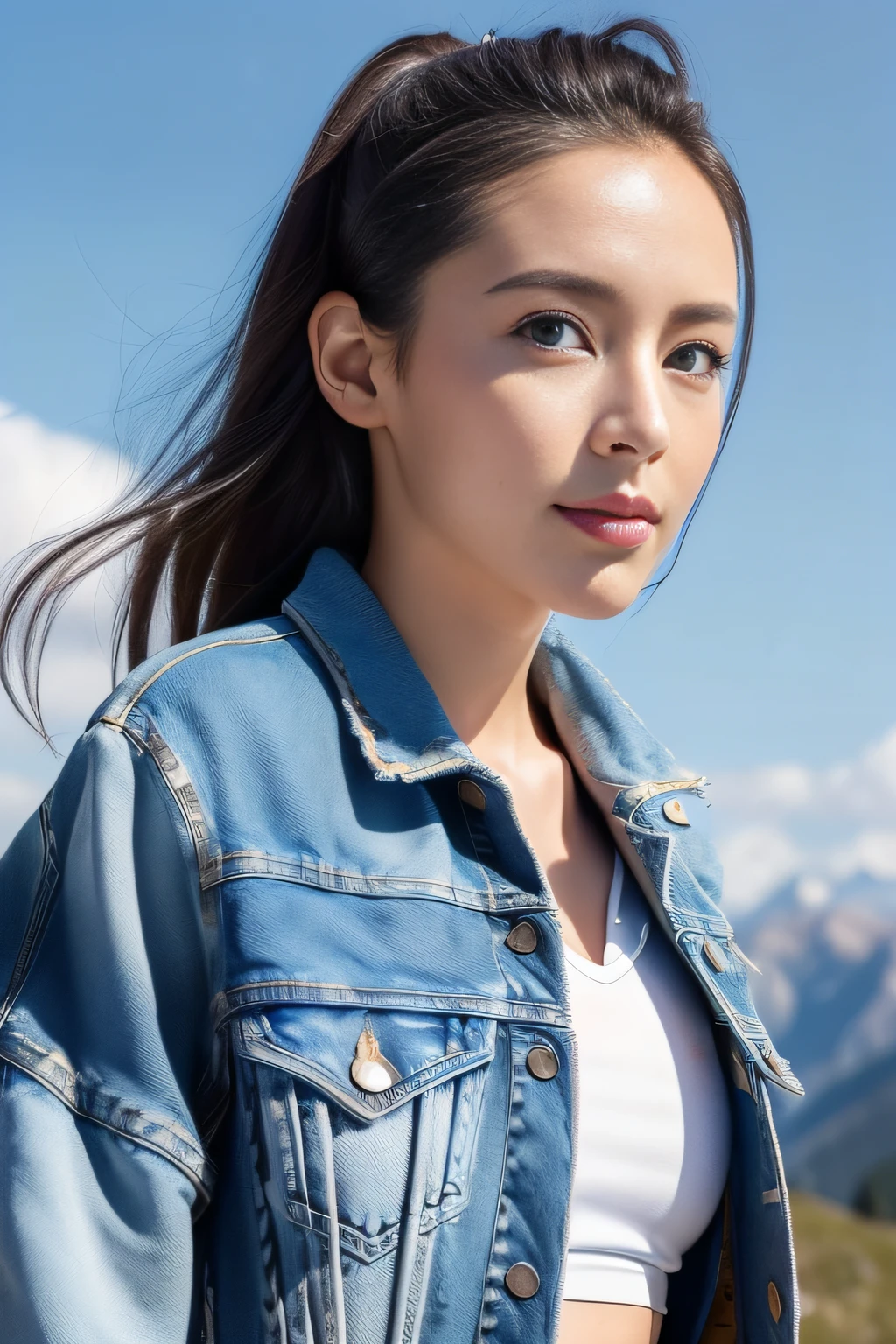 (best qualtiy,8K,tmasterpiece:1.3),(sharp fokus:1.2),(Girl back made on top of the mountain:1.2),(perfect body figure:1.4),(Slim abs:1.1),(jean jacket:1.4),(denim short:1.2),with blue sky and white clouds,rays of sunshine,Fine face,beautidful eyes,Straight legs。