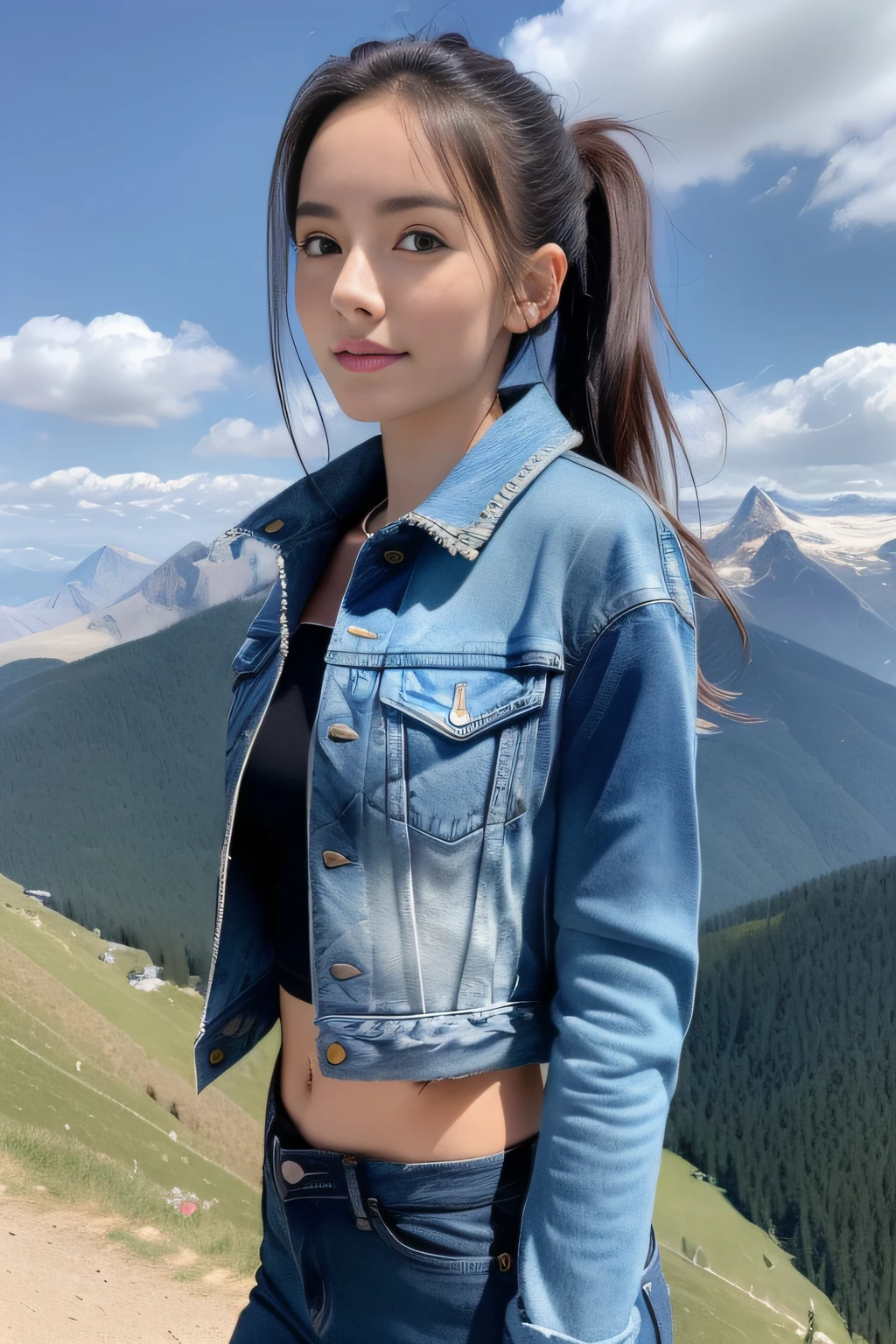 (best qualtiy,8K,tmasterpiece:1.3),(sharp fokus:1.2),(Girl back made on top of the mountain:1.2),(perfect body figure:1.4),(Slim abs:1.1),(jean jacket:1.4),(denim short:1.2),with blue sky and white clouds,rays of sunshine,Fine face,beautidful eyes,Straight legs。