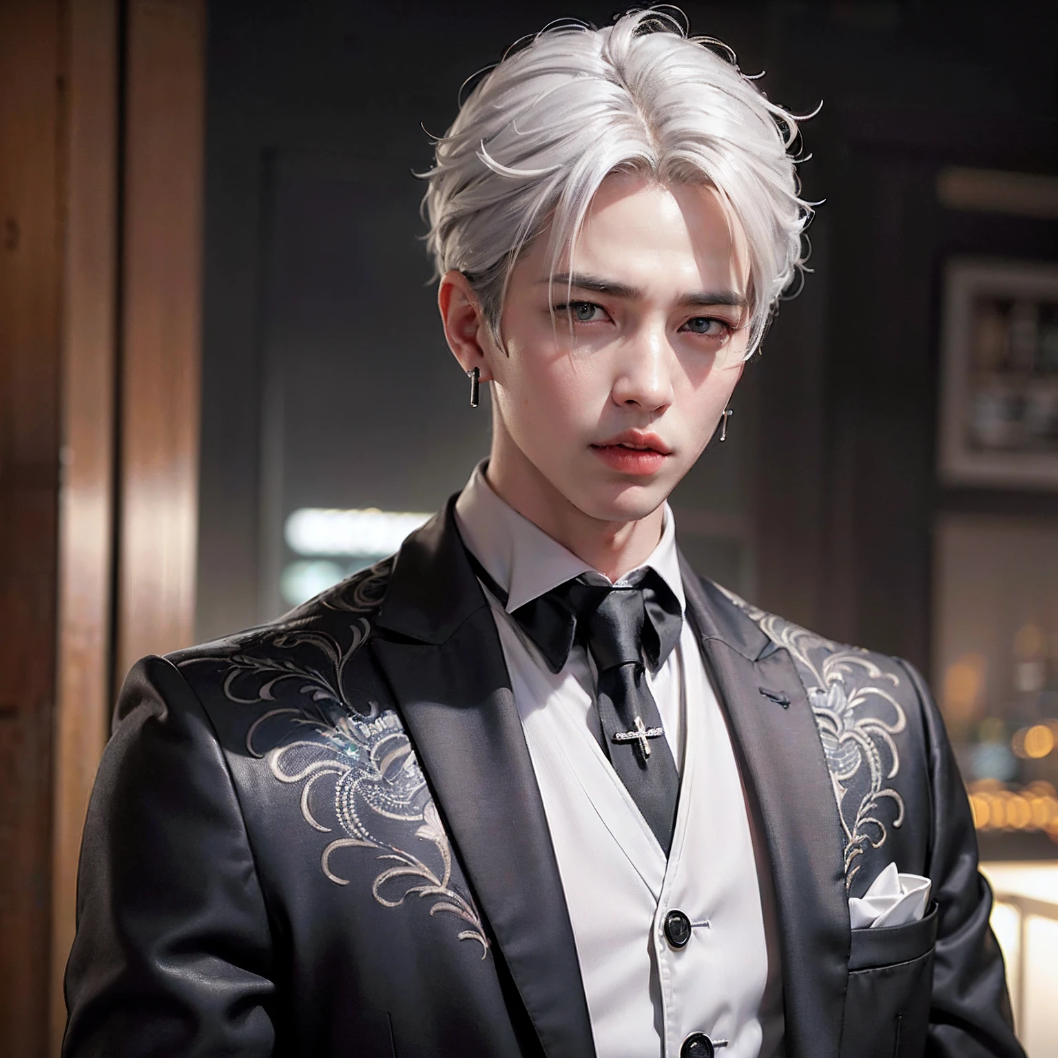 (8k photo, best quality, masterpiece:1.2),(realistic, photo-realistic:1.37) young ,handsome man, Mark Tuan, Got7, white skin, detail face, grey bright eye, white hair, black suit, bad boy, yakuza, tattoo, smoke cigarrate, a lots gangster night town in backdrop, action pose, skull earring, necklage,