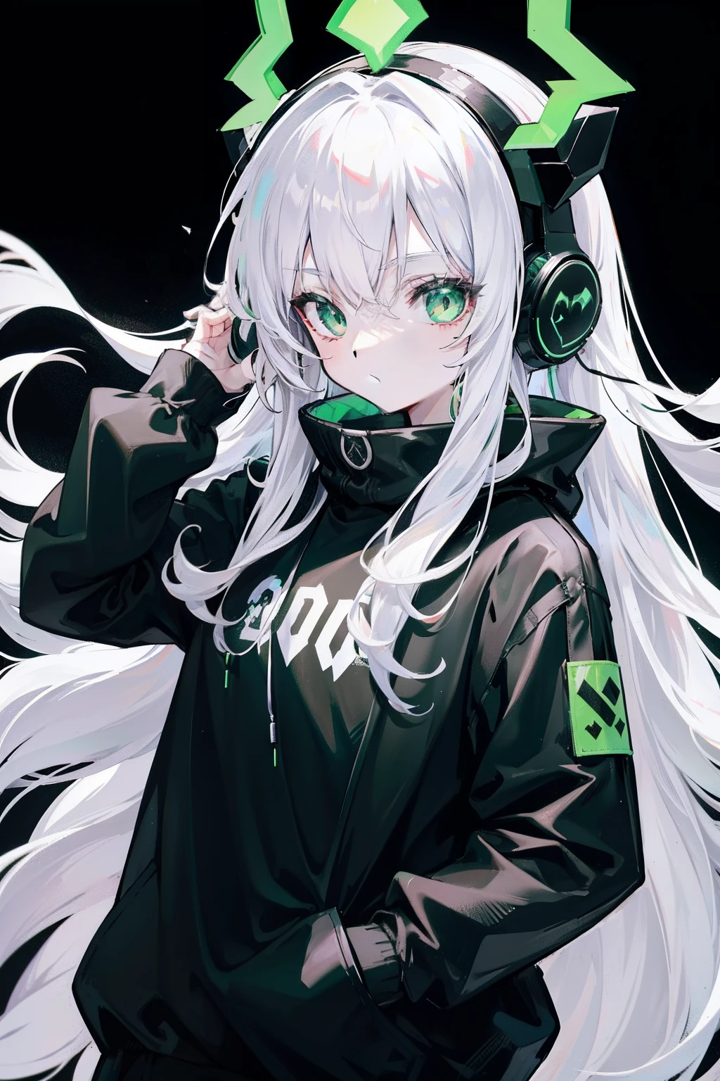 tarot cards，full bodyesbian，long  white hair，Black headphones，Black and green sweatshirt，Black and green coat，Devil wings，devil horns，adolable，illustration