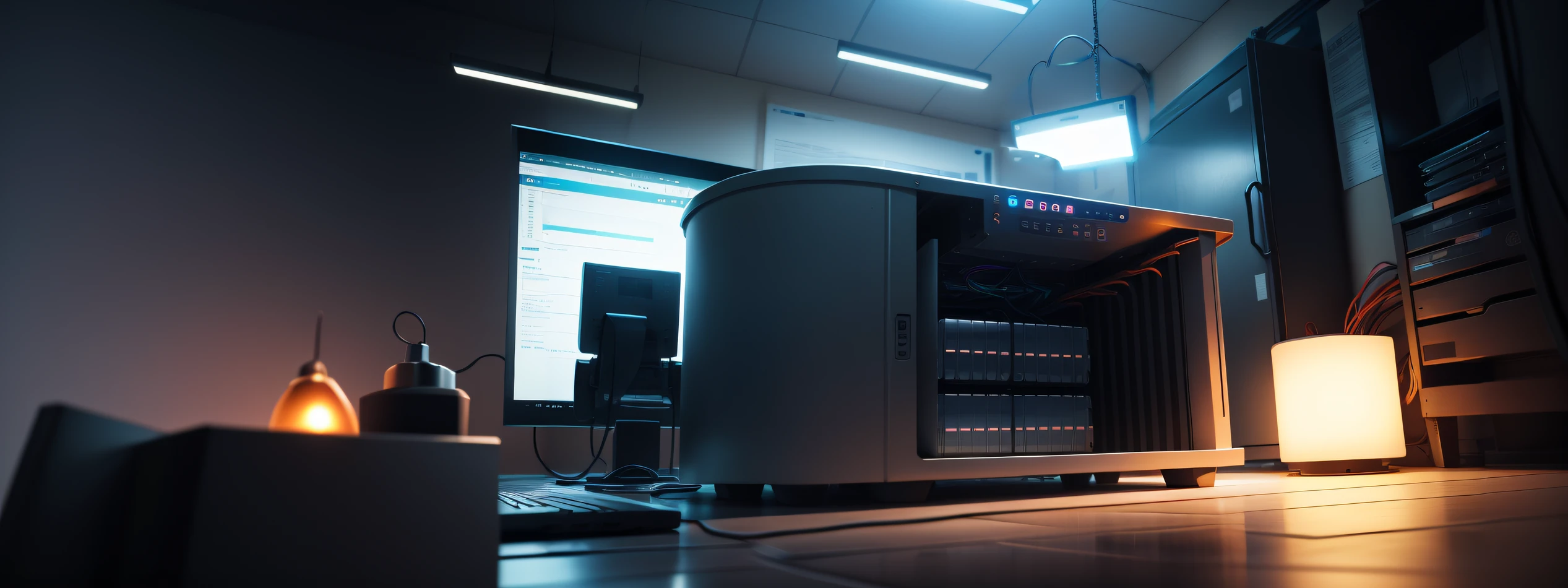 there is a computer and a lamp on a desk in a room, in realistic data center, robot in a server room, 8k computer render, in a darkly lit laboratory room, 3 d render beeple, unreal 5 engine highlly render, indoor lab scene, supercomputer, unreal engine. sigma 35mm, beautiful and cinematic lighting