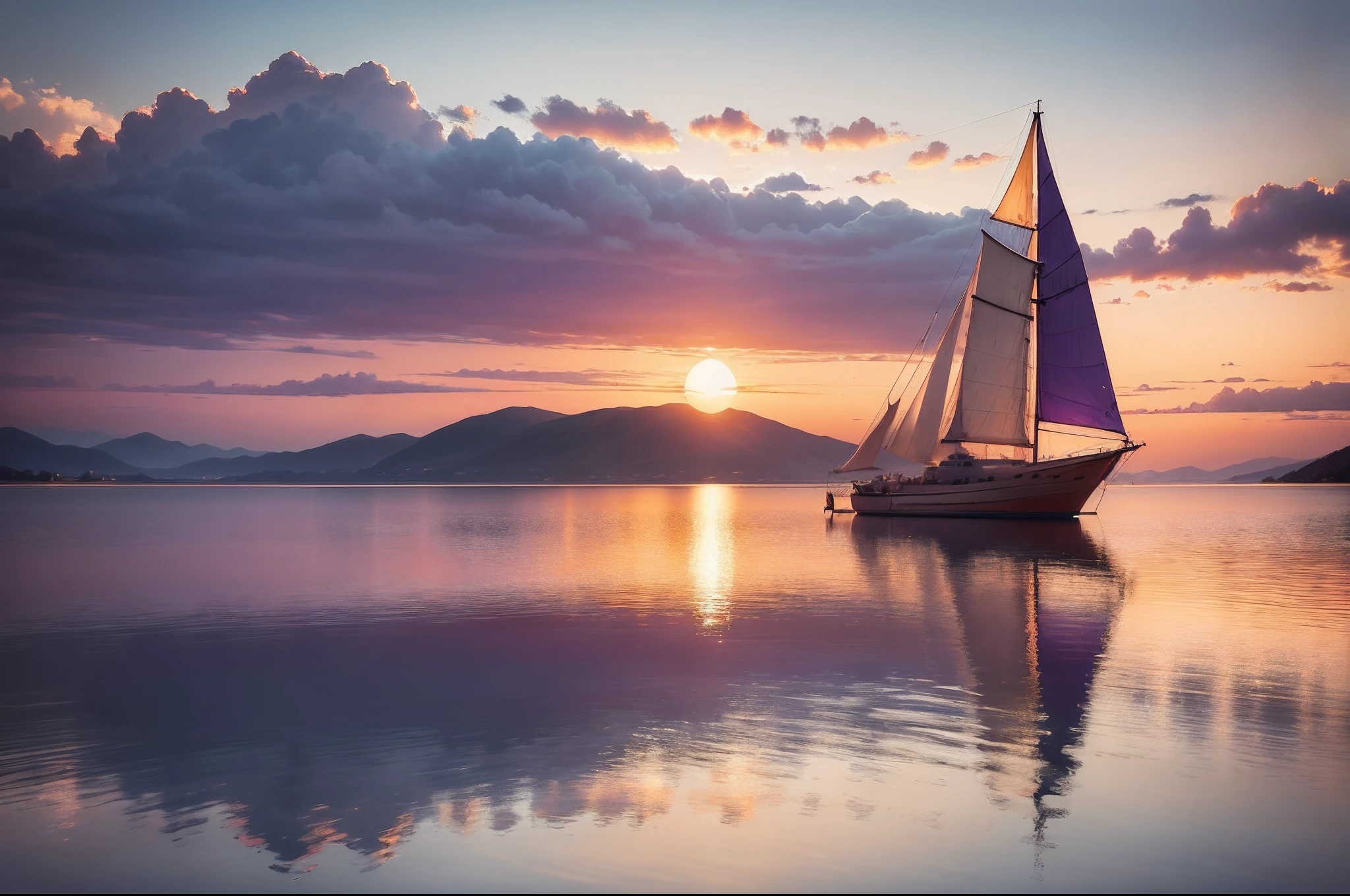 RAW Photo, Finest, Masterpiece, Finest Quality, High Quality, Extremely Detailed (Imagine a serene sunset over a calm lake, with a lone sailboat gliding over the water: 1.5), (Vibrant shades of orange and purple painting the sky: 1.4),creating an impressive atmosphere,capture the beauty of this scene, masterpiece, award-winning photography, very clear and detailed, (very realistic: 1.3), hyper-realistic