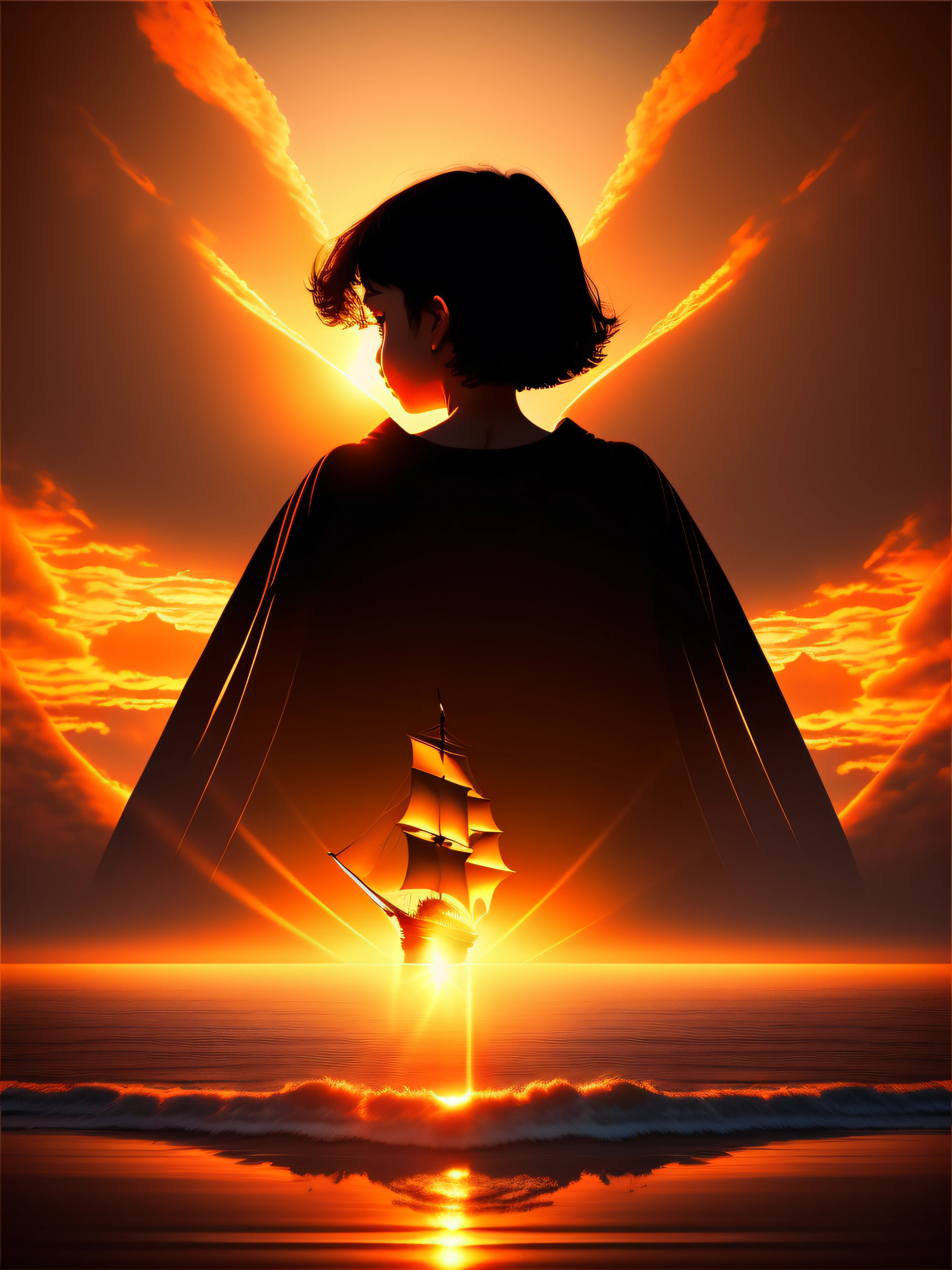 (masterpiece, best quality, ultra-detailed),(best illumination, best shadow, an extremely delicate and beautiful), floating, high saturation, professional photoshoot, god rays, reflection, rule of third, portrait of (1girl), ((dark brown short hair)), orange bright eyes, wear ((plain black t-shirt)), from behind, silhouette, sea background (with pirate ship from behind sailing away), sunset, wide angle, (sad, dramatic)